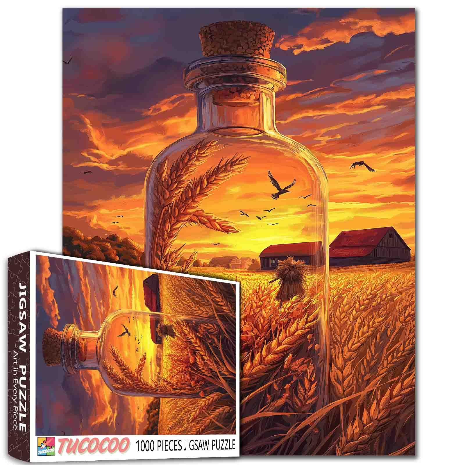 1000 Piece Golden Wheat Field Sunset Puzzle Barn Scarecrow Rustic Farm Bottle Adult Relaxing Jigsaw 27x20 Inches