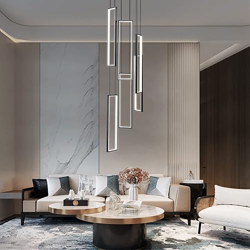 Miniatura 5 de FDPBY Lámpara colgante regulable moderna de isla de cocina, color negro, 114 W, 6 anillos, rectangular, para escalera, gran vestíbulo, sala de