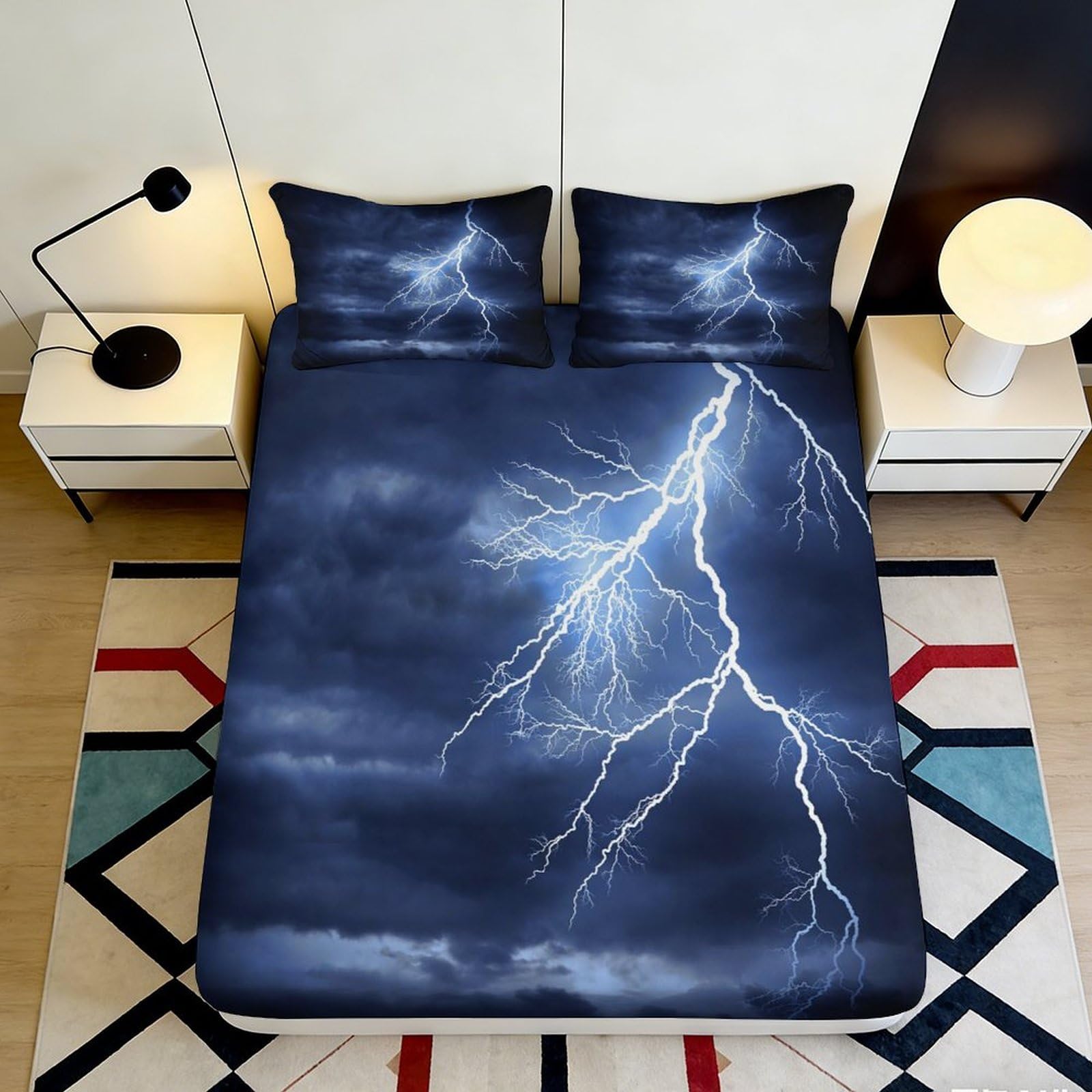 3D Printed Lightning Storm Fitted Sheet Microfiber Soft Blue Bed Cover with Thunder Pattern for Bedroom Dorm Mattress Decor 90x200x25cm