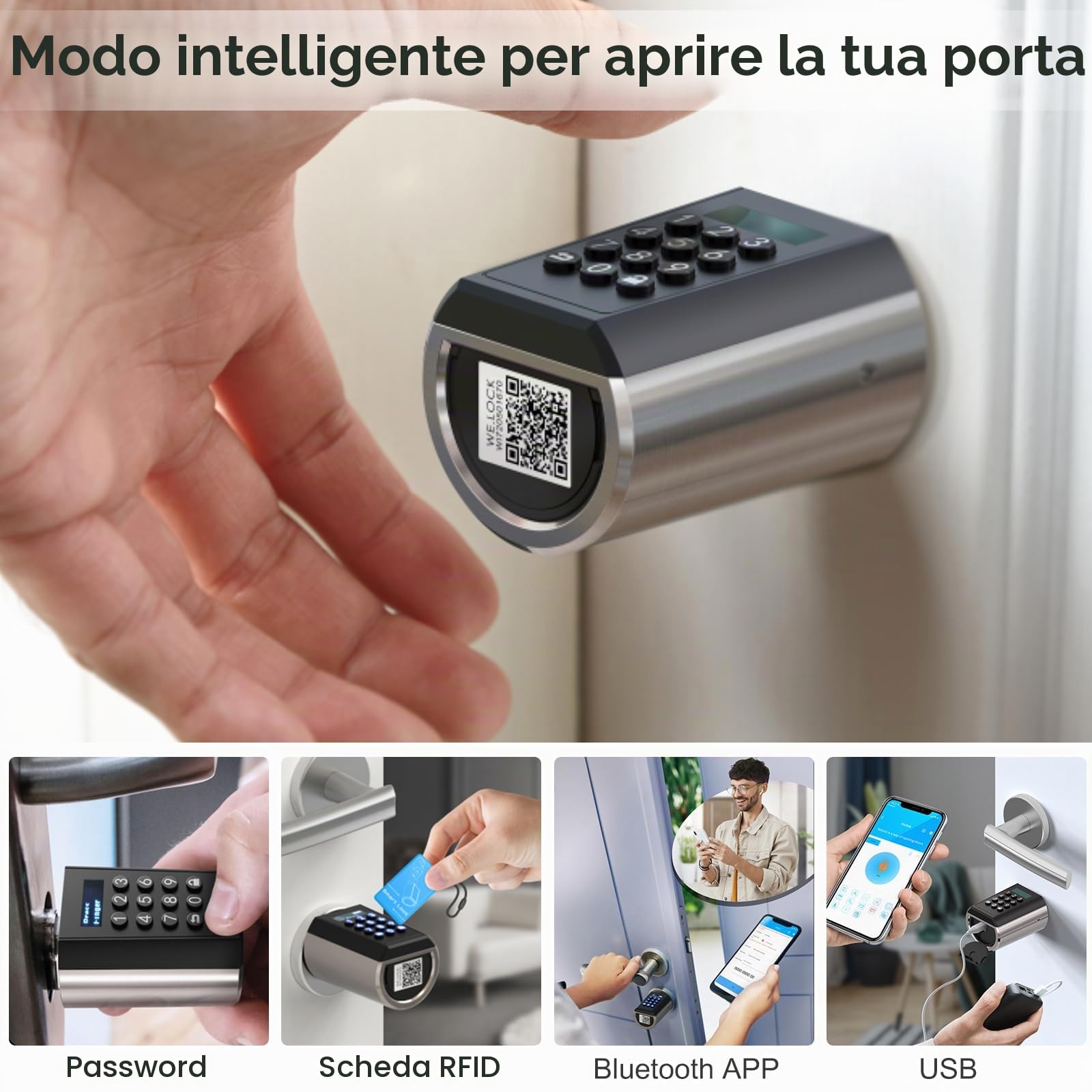 WELOCK PCB51 Smart Lock,Serratura Smart porta blindata,supporta PIN, RFID, APP e chiave di emergenza USB di backup,cilindro elettronico regolabile 30-70 mm