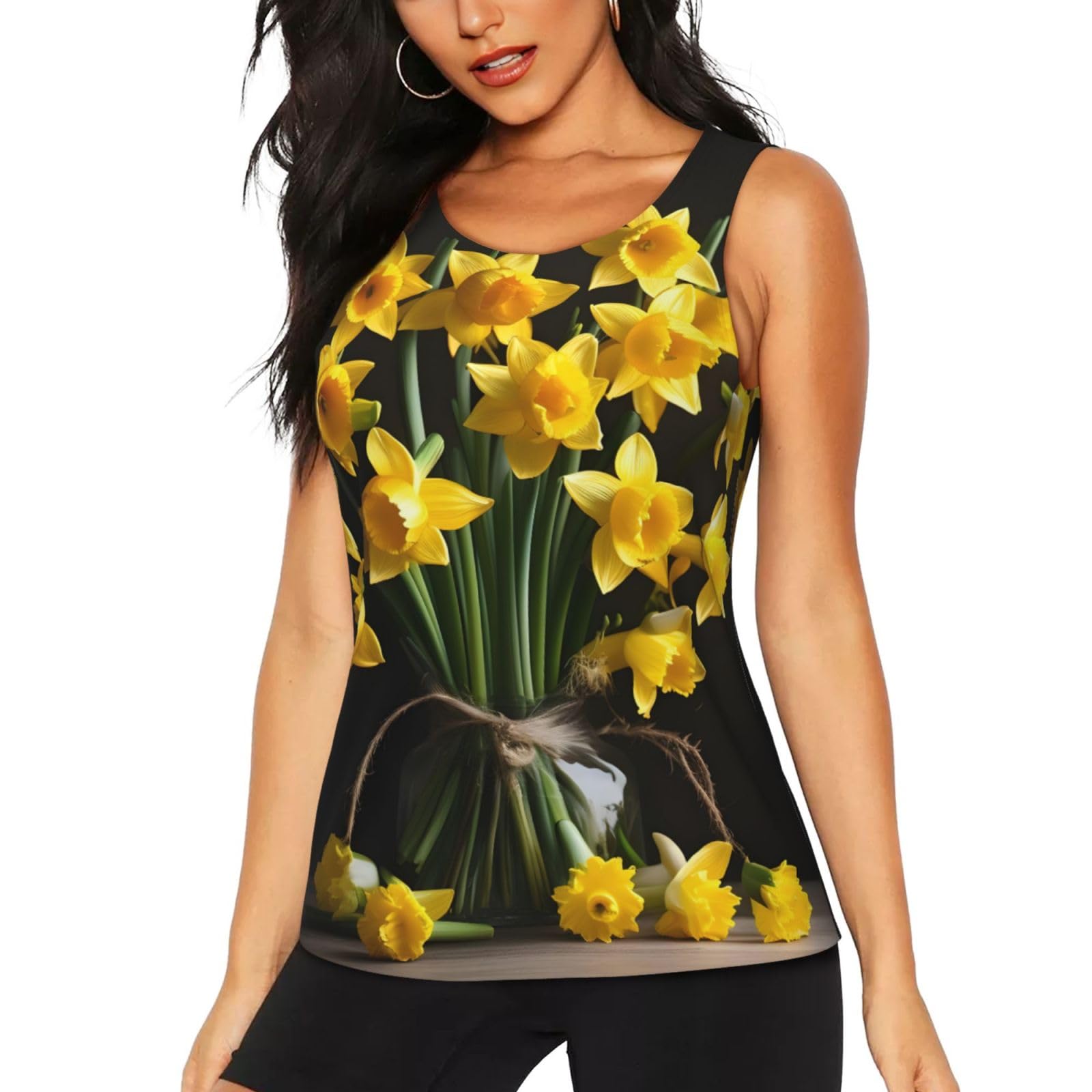 DUWAA Bouquet of Daffodil Print Women's Workout Tank Top, Quick Dry Sleeveless Athletic Running Yoga Shirts, for Gym Everyday, Black, S