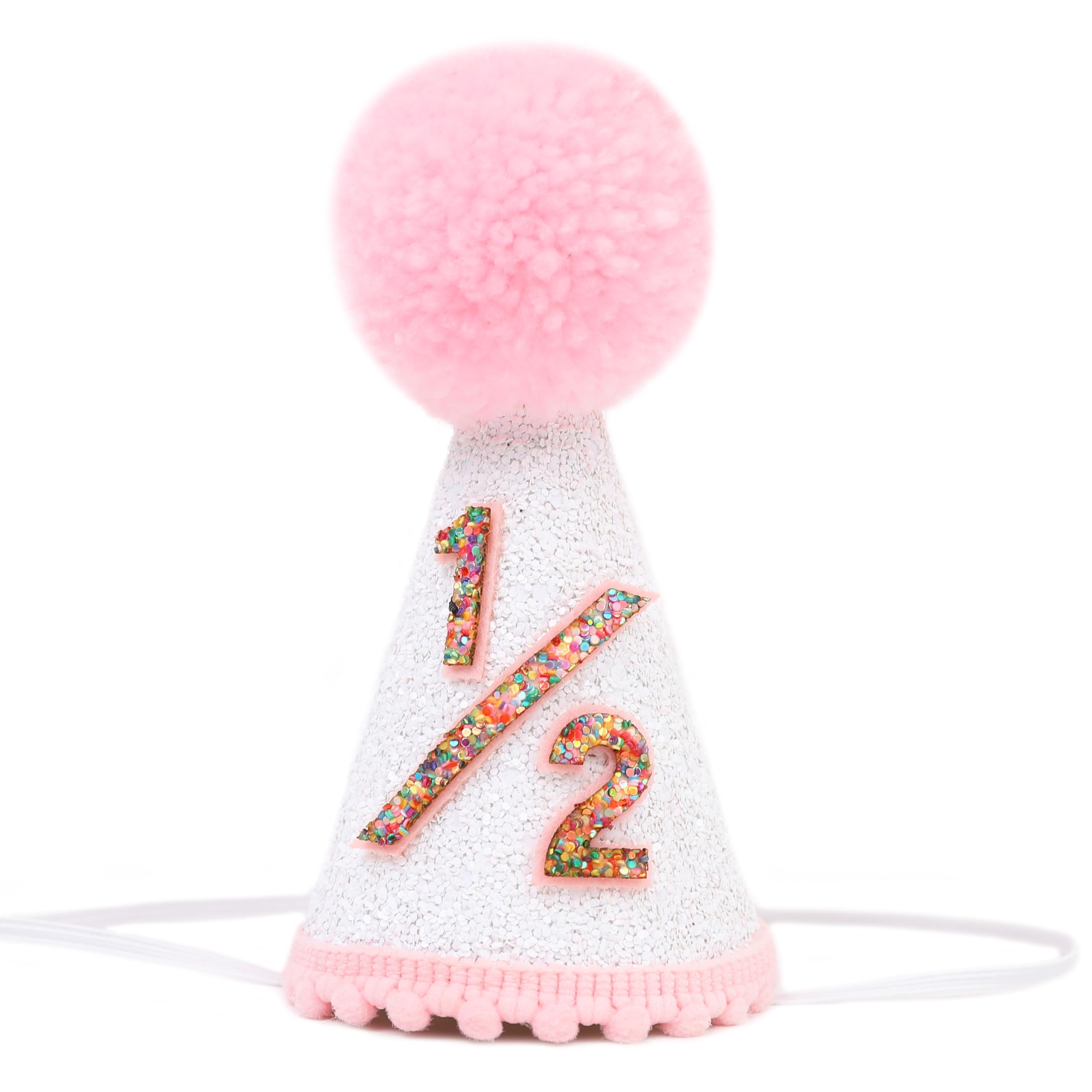 EPSEED Half Way to One Cone Hat - Girls Half Birthday Party Decorations, Pink White Glitter Baby Party Hat,Little Girl 6 Months Cake Smash Photo Props