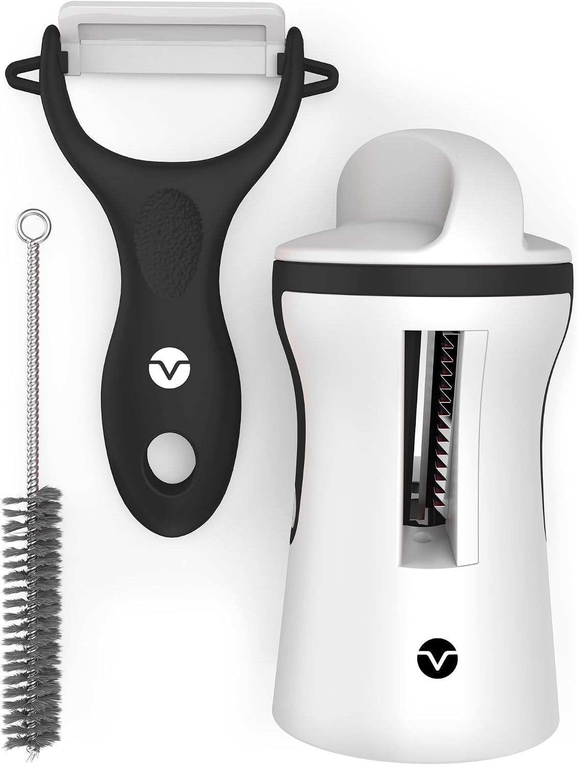 Vremi Spiralizer Vegetable Slicer - Handheld Spiralizer Peeler Set - 3 Blade Hand Spiral Slicer Apple or Zucchini Spaghetti Maker - Stainless Steel Mandoline Slicer for Potatoes - Black and White