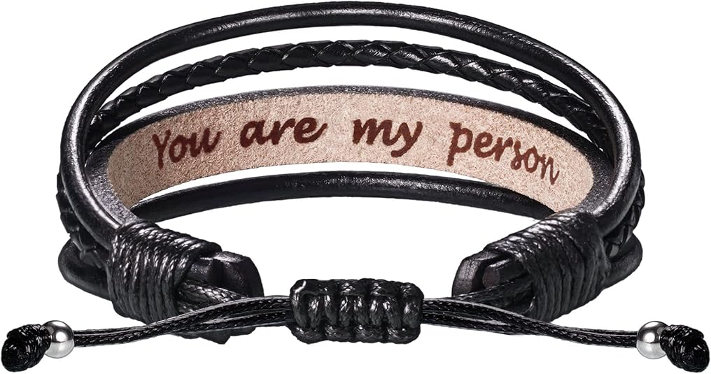 Leather Bracelets for Men Women Inspirational Gifts for Him Her Handmade Black Braided Motivational Birthday Gift for Boyfriend Husband Dad Anniversary Christmas Mens Stocking Stuffers