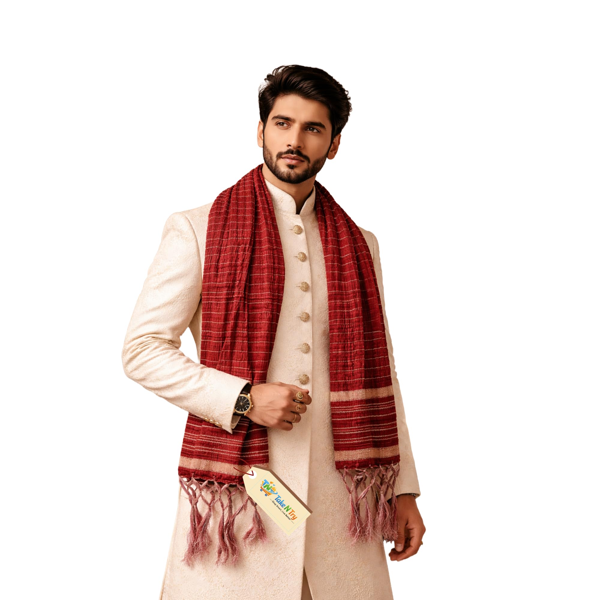 Men’s Silk Crush Stole for Sherwani | Wedding Dupatta/Chunni for Groom | Size 30x250 Inches | Traditional Ethnic Red Gold Handwoven Groom Scarf for Kurta, Bandhgala & Occasions | 1 Piece-image-40