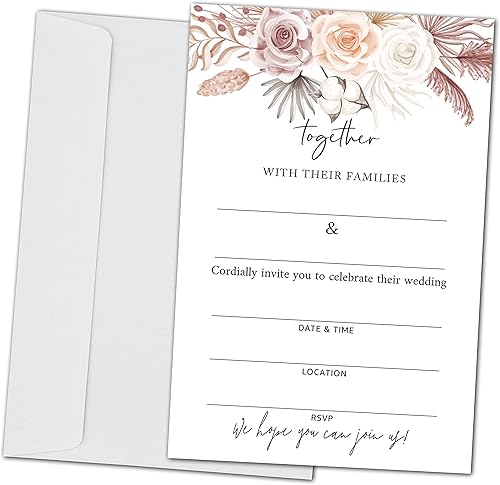 Tarjetas de invitación de boda florales bohemias, cartulina de invitación para recepciones de bodas, 25 tarjetas y 25 sobres (juntos-012)