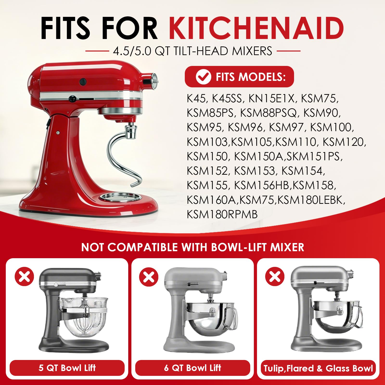 Gancho de acero inoxidable en espiral para batidoras KitchenAid de 4.5 a 5 cuartos de galón, apto para lavavajillas, accesorio de repuesto