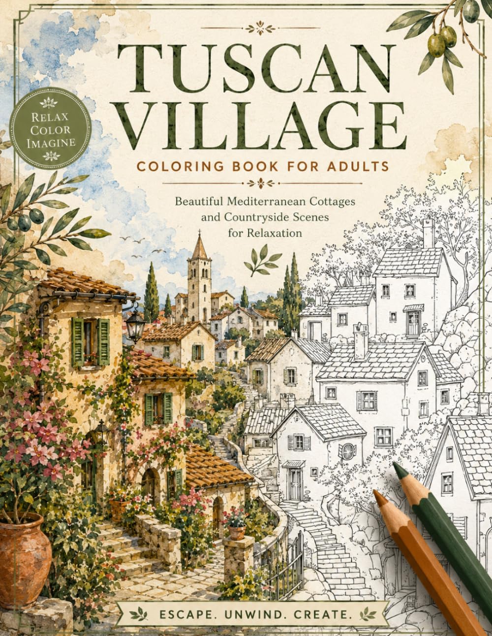 Tuscan Village Coloring Book for Adults: Beautiful Mediterranean Cottages and Countryside Scenes for Relaxation