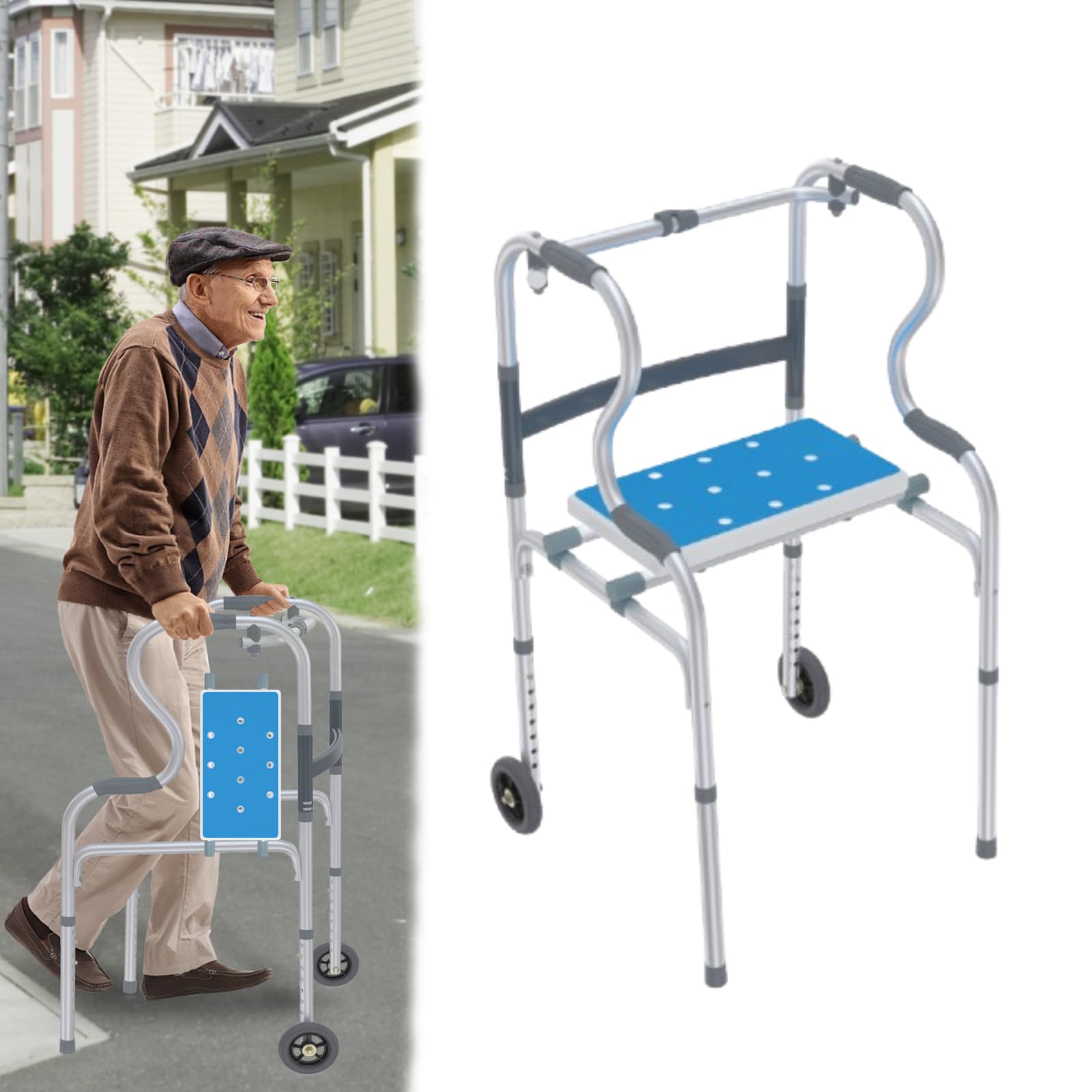 Aufun Pomoc w chodzeniu dla seniorów, lekki aluminiowy chodnik, wózek z regulacją wysokości, z 2 kółkami skrętnymi i ergonomicznymi uchwytami, antypoślizgowa stabilność, wąski rollator do mieszkania