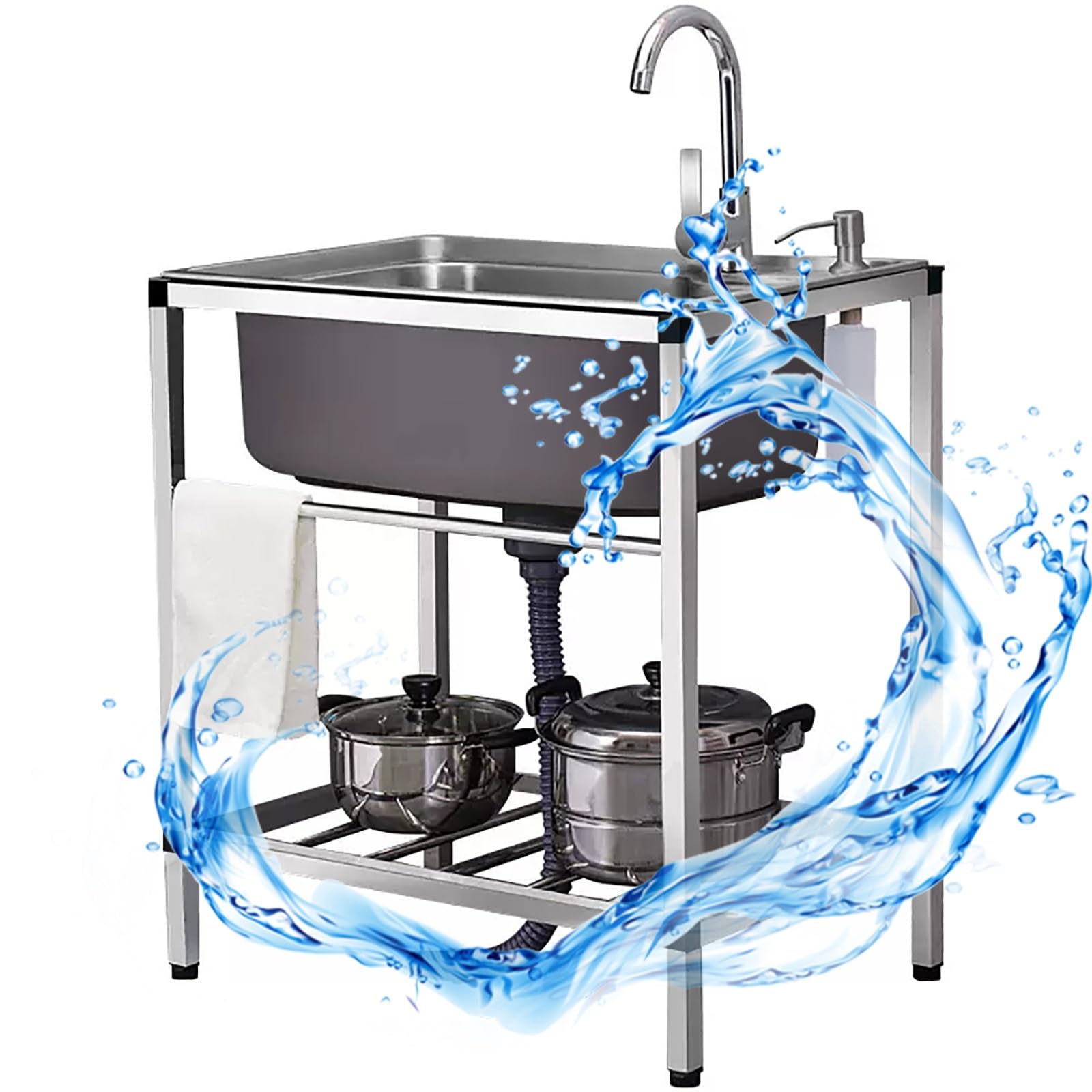 Stainless Steel Sink,Single Bowl Kitchen Sink,Commercial Restaurant Sink,Outdoor Kitchen Sink Free Standing,with Hot Cold Water Tap and Draining Rack,for Outdoor,Restaura (Hot and Cold 68*44cm)