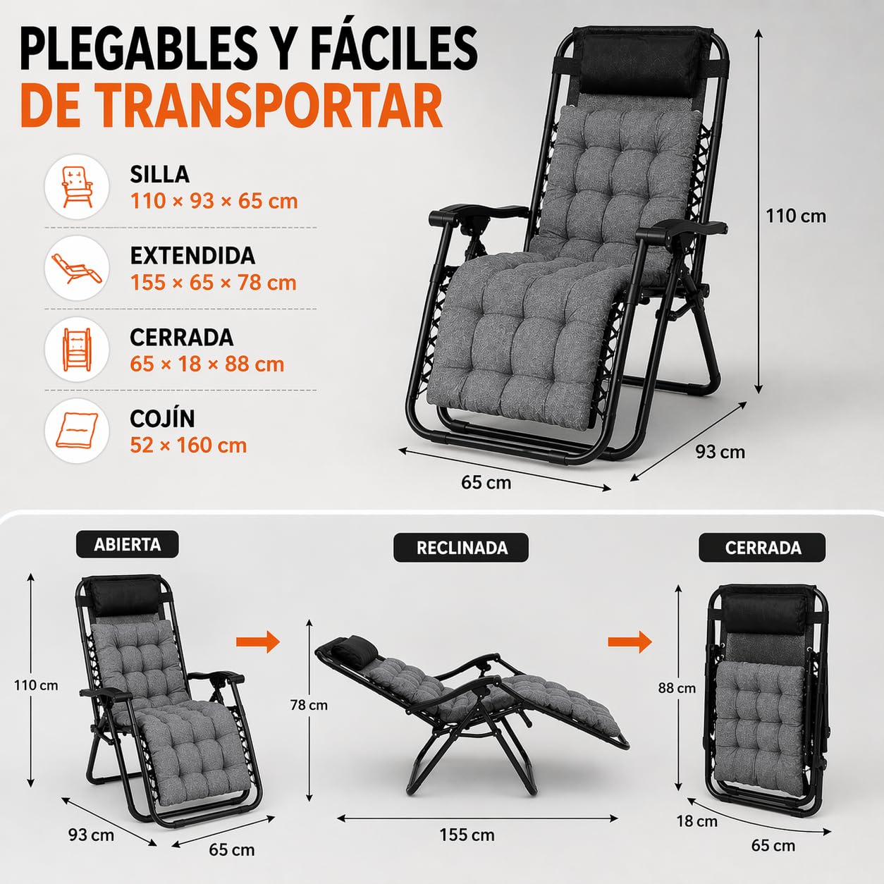 TIENDA EURASIA – Pack 2 Tumbonas Plegables y Reclinables para Jardín | con Cojín y Reposacabezas | Estructura de Acero | Color Negro | hasta 100 kg | Exterior, Terraza y Piscina