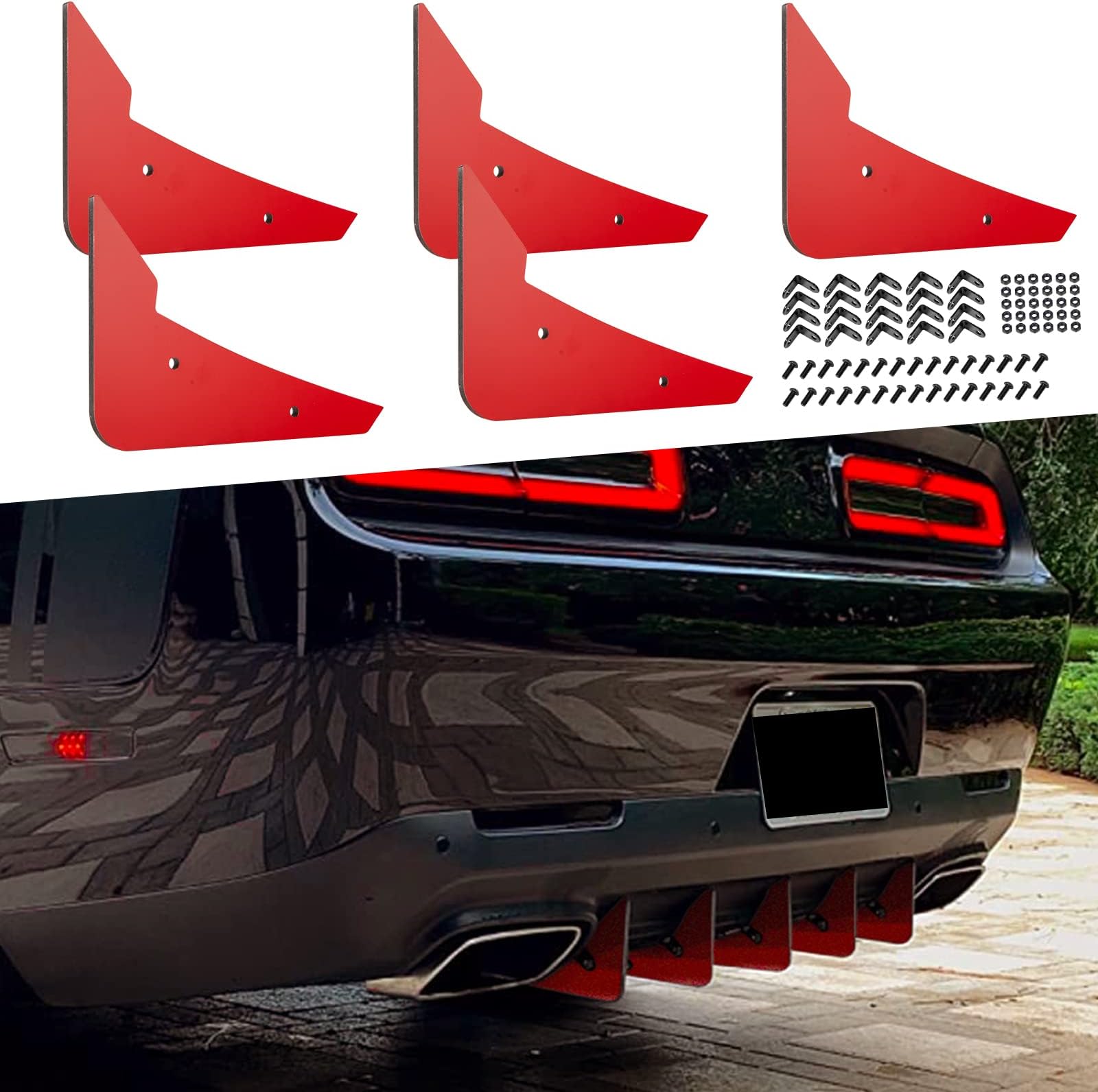 Rear Diffuser V3 5 Fins Set For Dodge Challenger 2015-2024 Stock Rear Bumper, Red Rear Bumper Diffuser Shark Fins