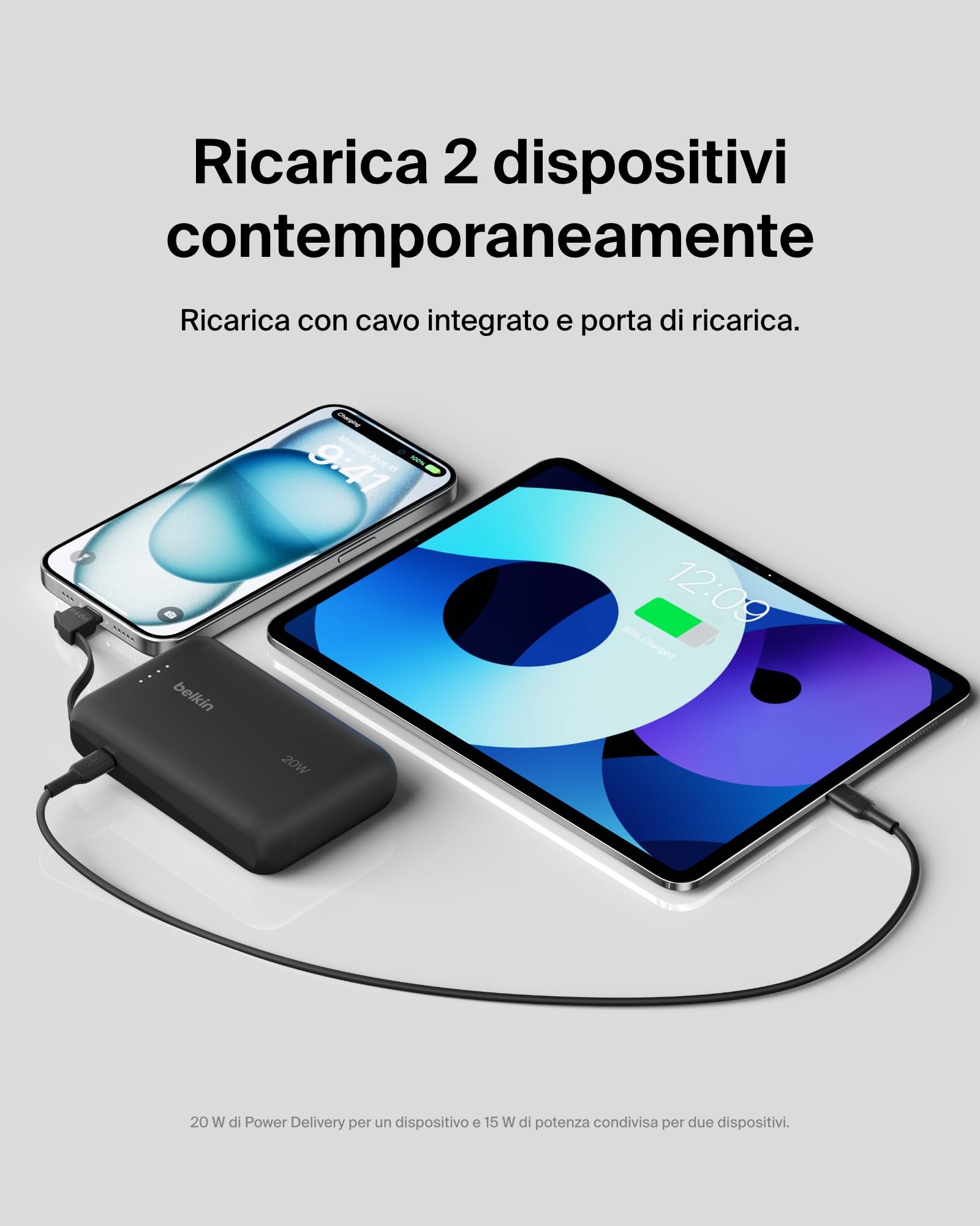 Belkin BoostCharge power bank 10 000 mAh con cavo integrato 20 W PD, caricatore portatile, ricarica USB-C PD rapida, power bank con ricarica rapida per iPhone 16 Series, iPad Pro, Galaxy S24 e altri