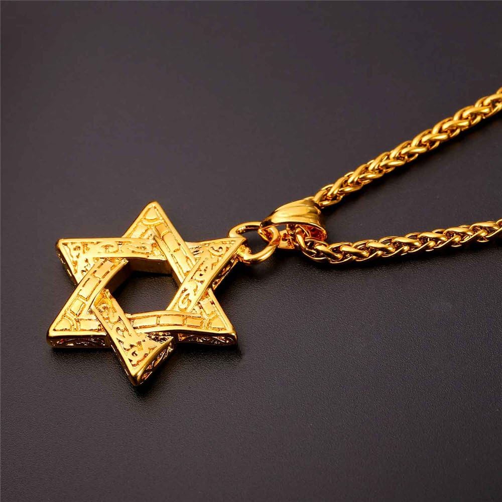 U7 Star of David Necklace for Men Women Gold/Stainless Steel Hexagon Pendant with Cross/Ruby Stone/Classic Jewish Isael Necklaces, Length 22" 24" 26"