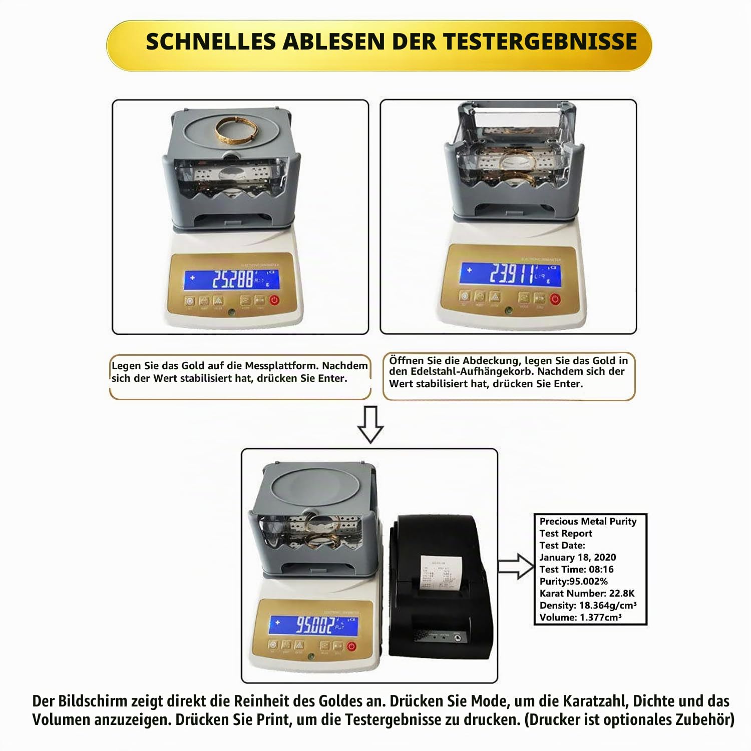 Goldreinheits-Analysegerät, Edelmetall-Analysegerät, Multimetall-Goldtester mit Dichte- und Reinheitsanzeige. Tragbar, für Gold/Silber/Platin/Palladium und Weißgold MDJ-300K