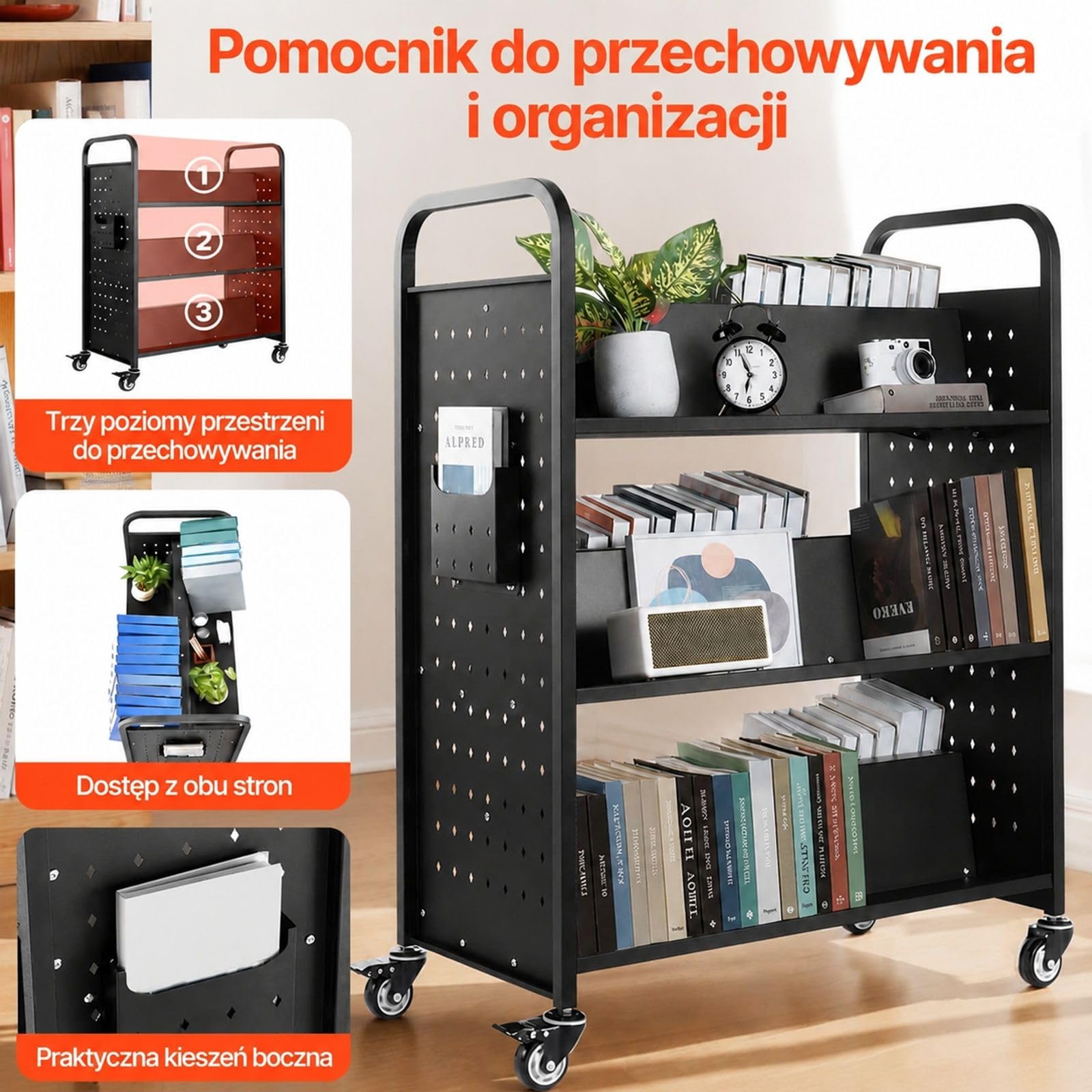 Wózek na książki z kółkami, 3-poziomowy regał biblioteczny, dwustronna konstrukcja w kształcie W, czarny, do biblioteki, biura i domu