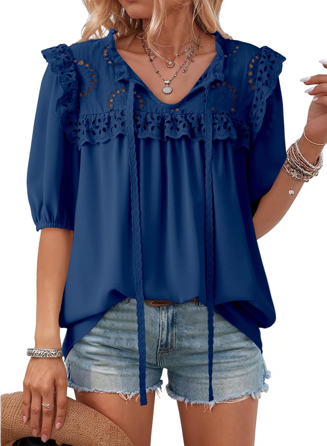 Dokotoo Womens Summer Tops 2026 Boho Short Sleeve V Neck Lace Embroidered Tie Front Casual Loose Blouses Shirts