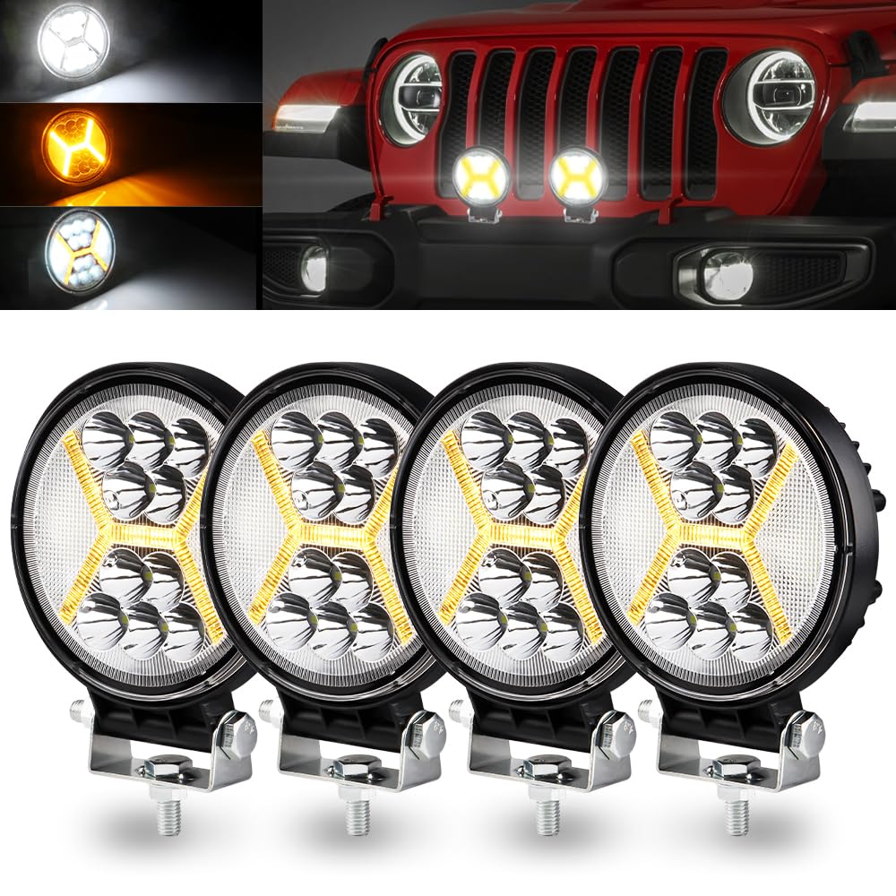 KaiDengZhe 4PCS 72W Round LED Pod Light Bar, Off Road LED Work Light with 4.5" Amber Strobe DRL Light Off Road Spot Flood Combo Beam Off Road Driving Fog Light 12V-36V for Motorcycle SUV Boat Truck