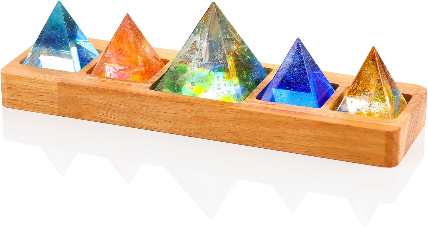 Ornalrist 5 Chakra Natural Healing Pyramid with Wooden LED Light Base Crystal Quartz Pyramid for Meditation, Positive Energy, Sleep, Spiritua Night Light Home Decor