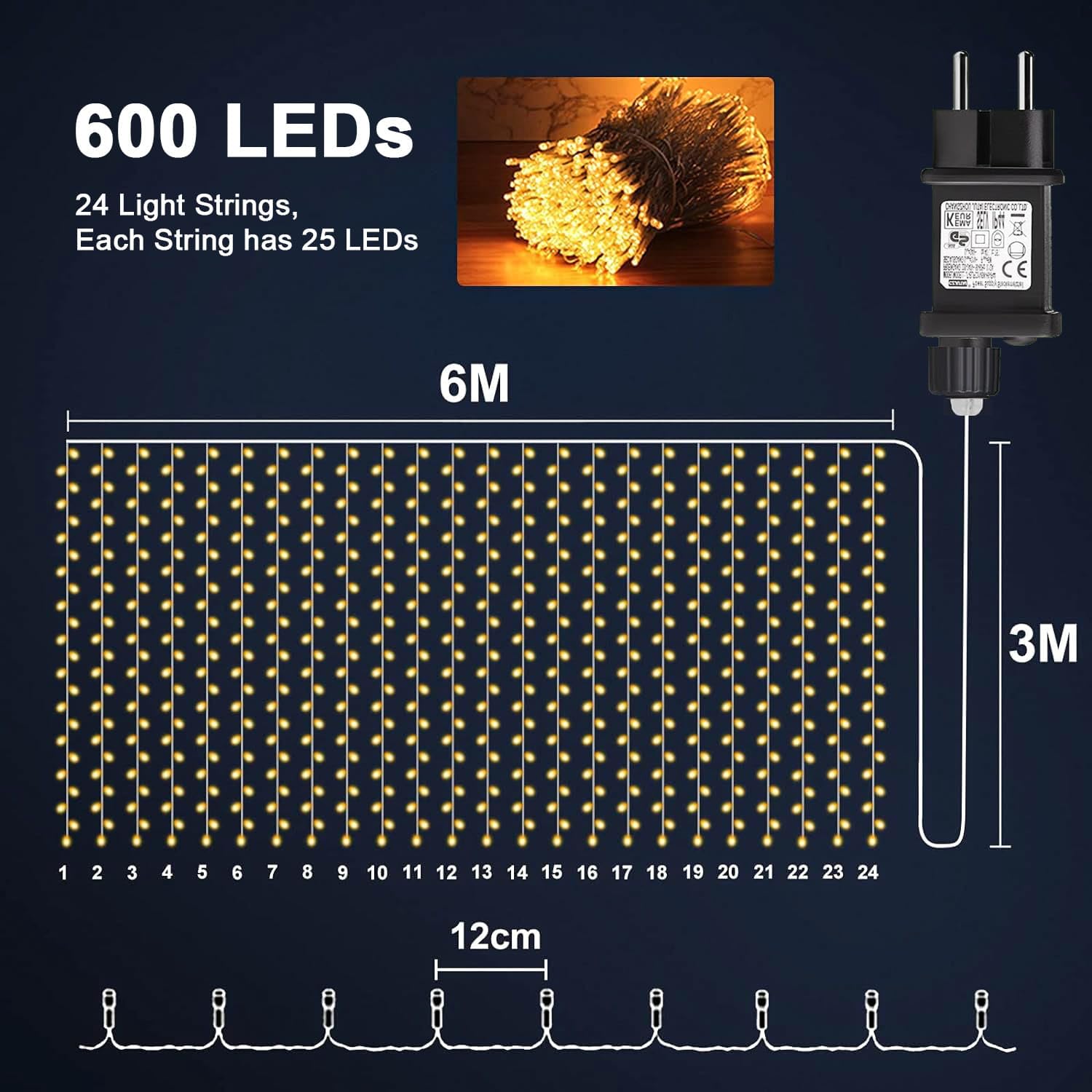 Cozymeow Cortina de Luces 6M x 3M 600 LED Guirnaldas Luminosas Exterior, Cascada de Luces Impermeable con Enchufe, Luces para Decoración Boda, Jardín, Terraza, Eventos y Fiestas - Blanco Cálido