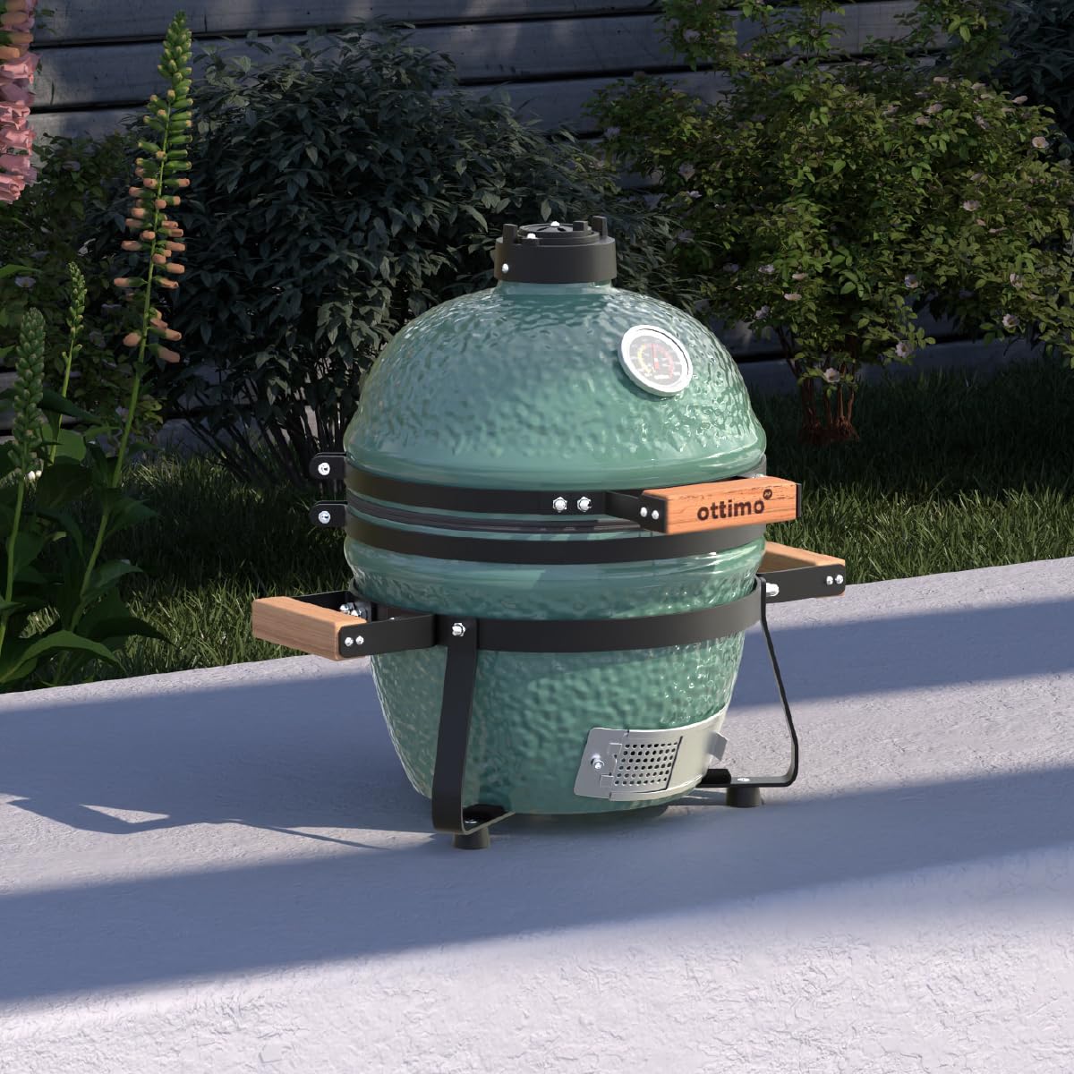 CHARLES BENTLEY ottimo Searsmith 13" Kamado BBQ Grill With Built In Thermometer, Cast Iron Vent, Non Stick Stainless Steel Grill, Gloss Green Finish, Compact Outdoor Smoker & Grill (50x47cm)