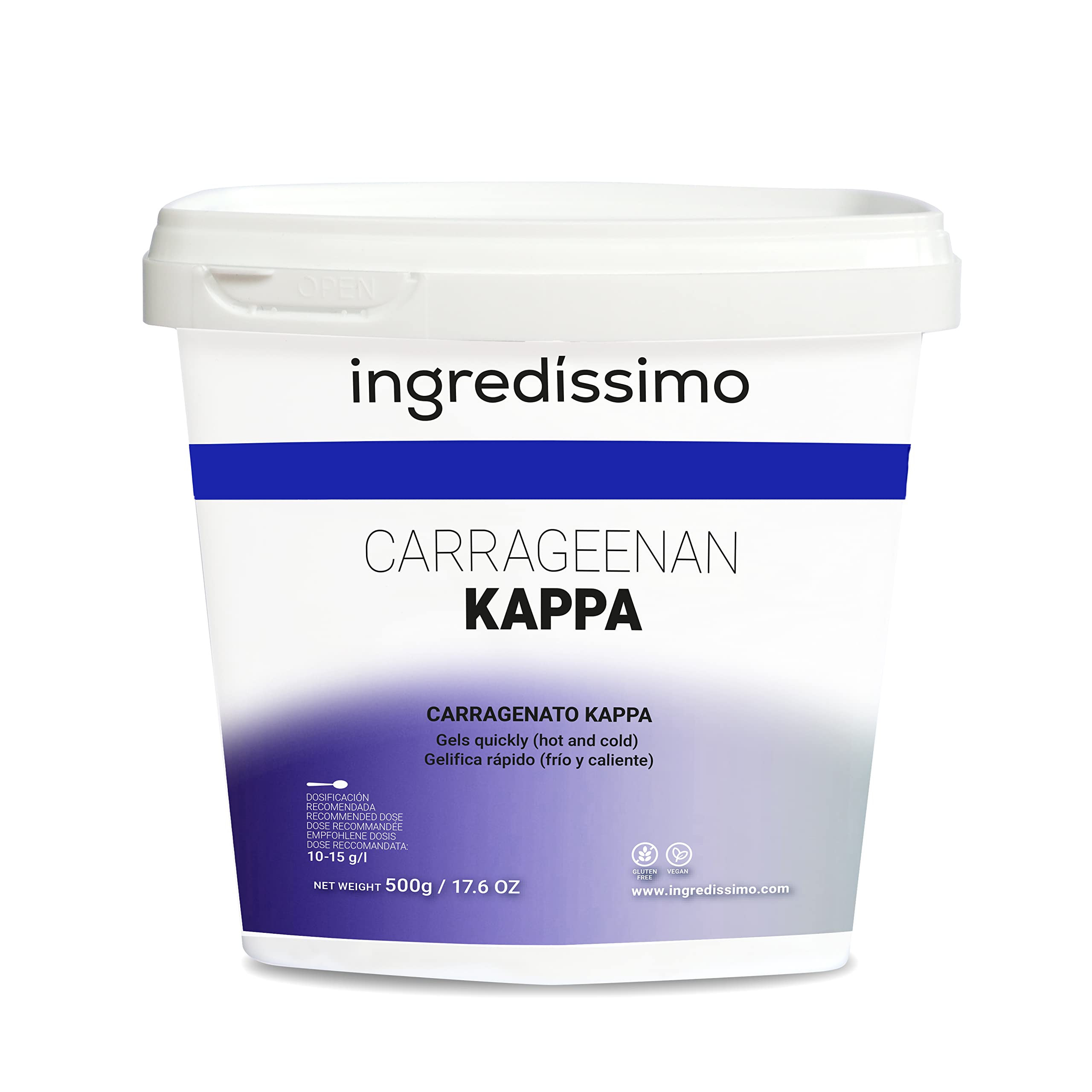 INGREDISSIMO – carragenato kappa 500 g – gelificante y espesante – gel firme y rápido – vegano – sin gluten – polvo beige – sin sabor – sin olor – carragenina pura de alga roja