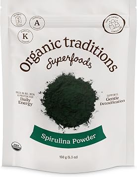 Organic Traditions Spirulina Powder Organic, Plant-Based Green Superfood for Smoothies, Rich Algae Powder for Energy Support, Easy Mixing Spirulina for Daily Wellness Routines, 150g / 5.3oz Bag