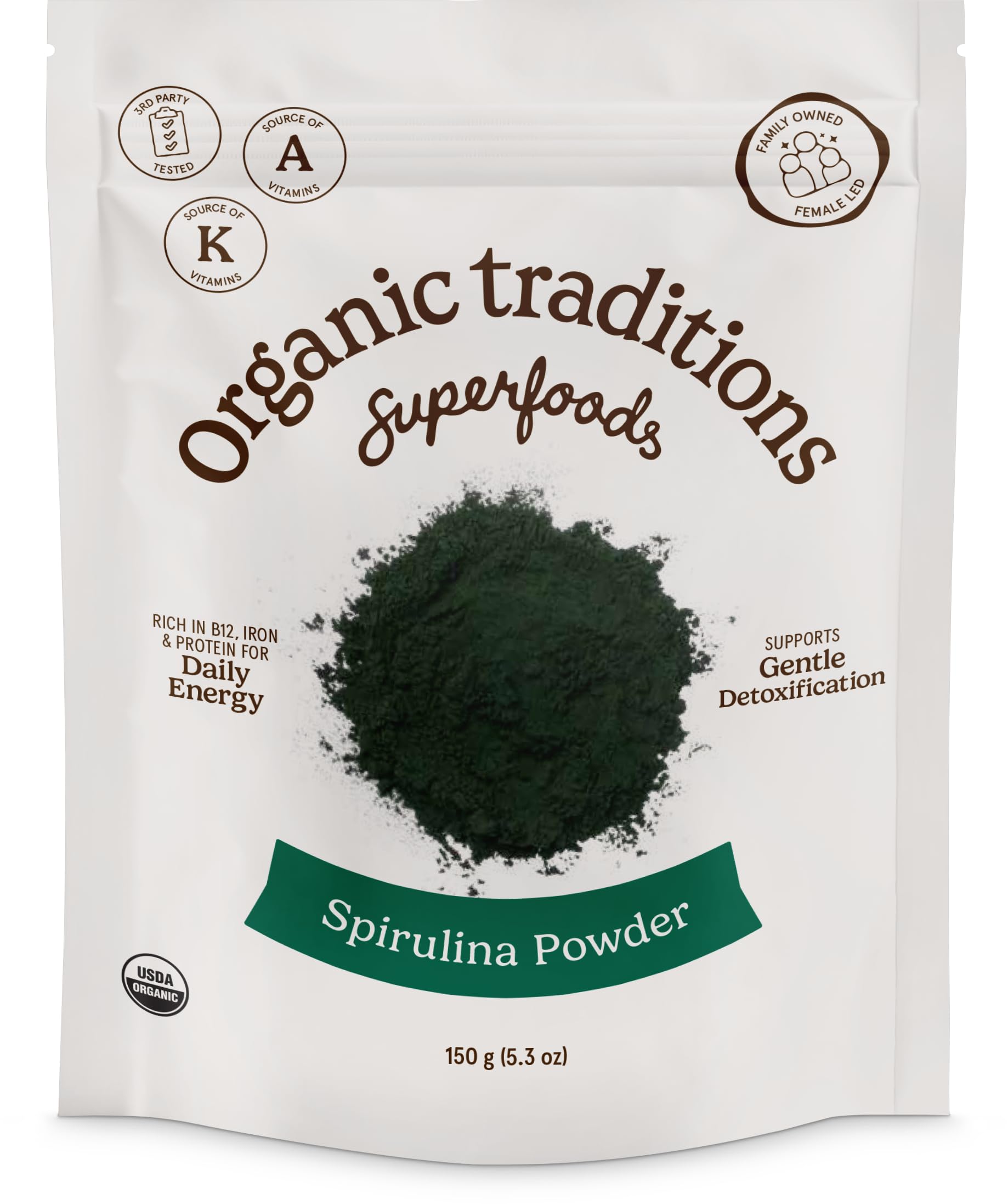 Organic Traditions Organic Spirulina Powder Vegan Non-GMO Superfood, 5.3oz (150g) Bag, 50 Servings per Bag