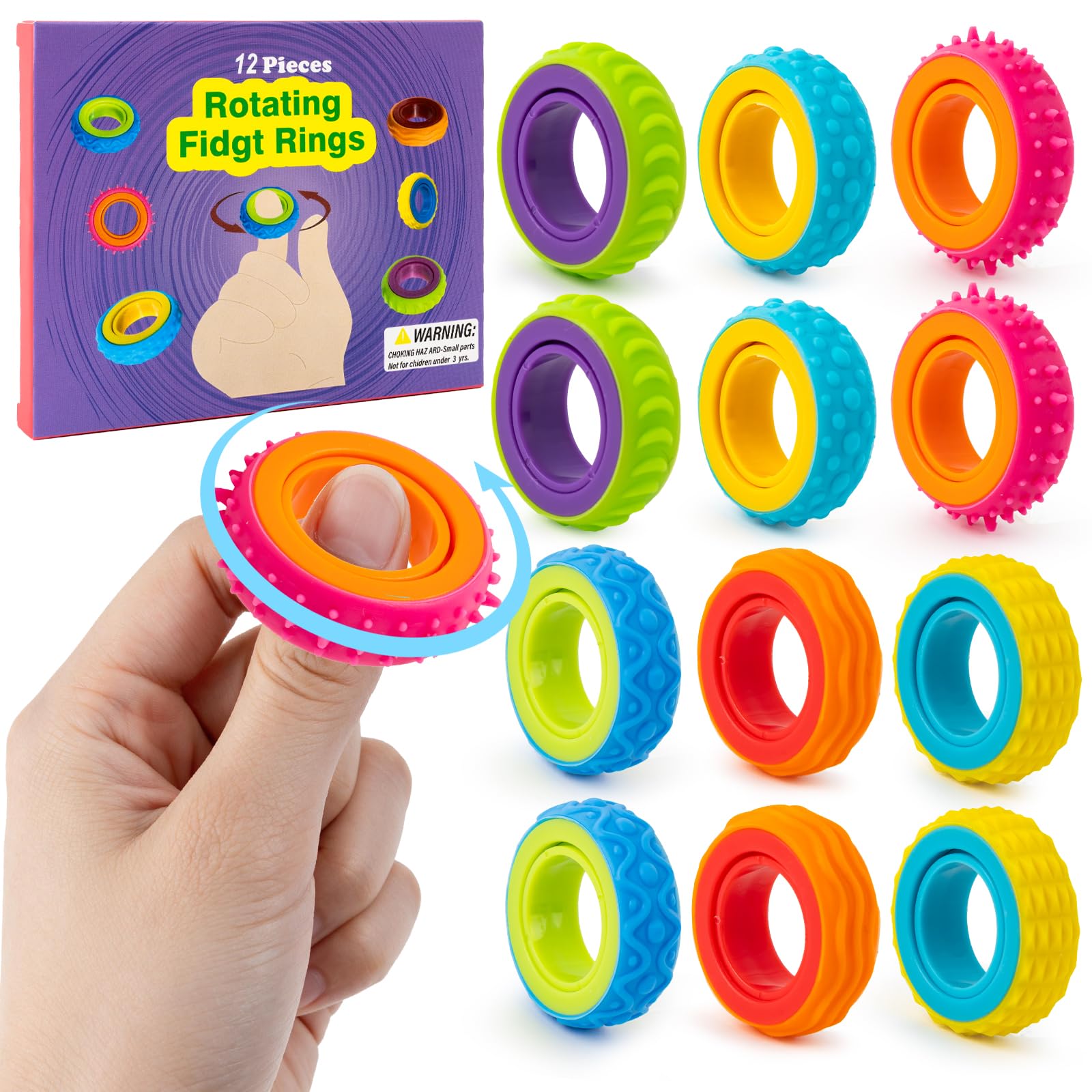 12 Pcs Fidget Toys Sensory Spinner Ring, Fidget Rings Stress Relief Toy