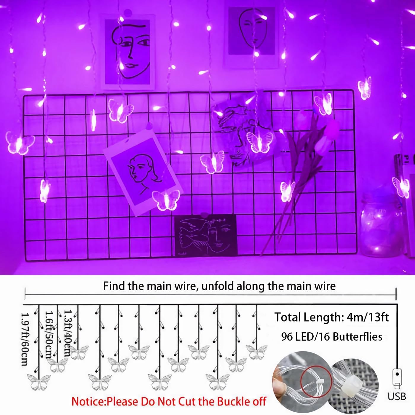 Lainin String Light 13FT 96LED USB Powered Curtain Light 18 Butterflies Strings 8 Mode Fairy Light Strip for Party Indoor Outdoor Room Garden Wall Wedding Christmas Xmas Decorations (Purple)