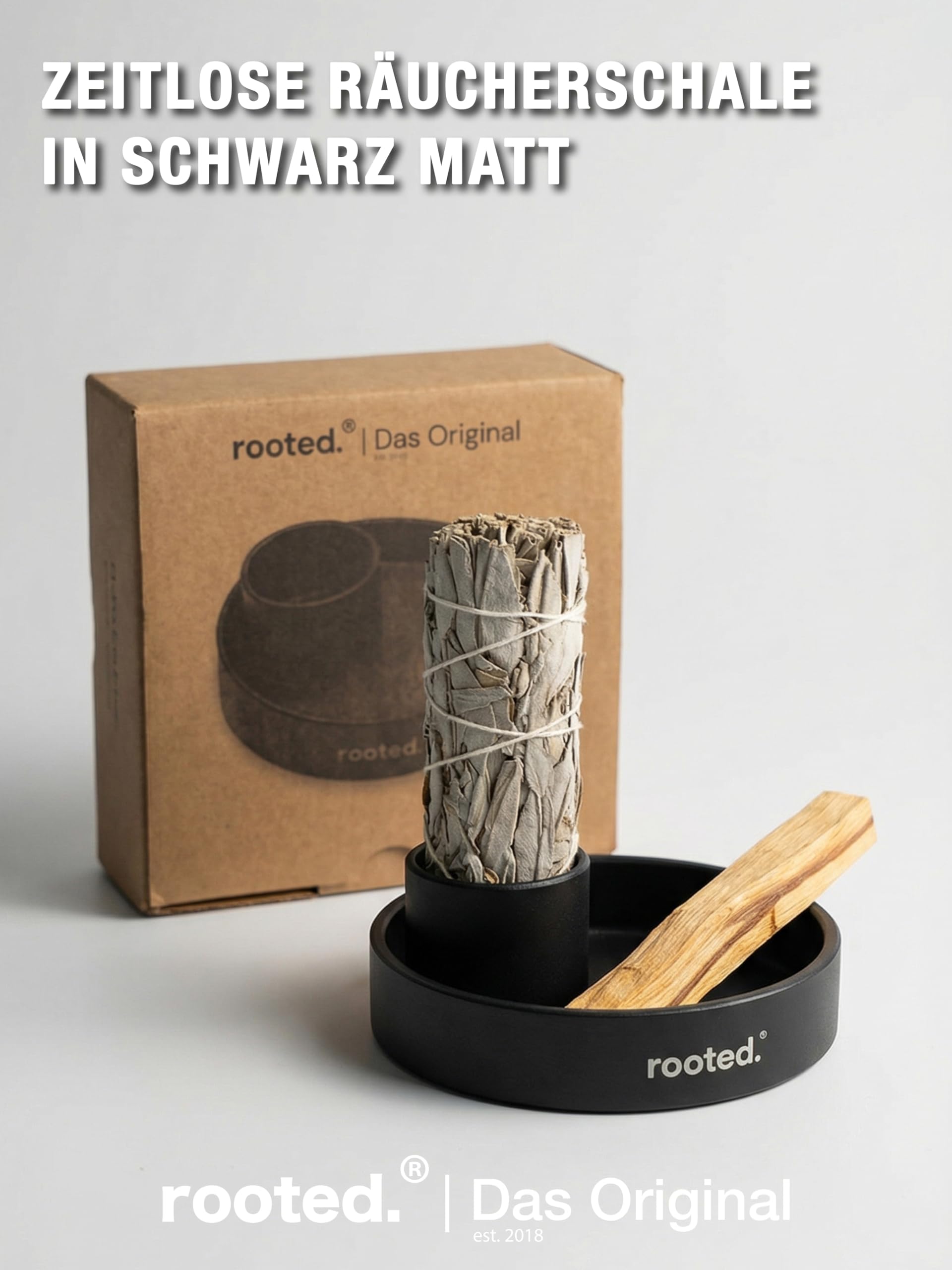 rooted.® Designerska miska do wędzenia 3 w 1 [matowa czerń] – ognioodporna miska ceramiczna do Palo Santo, białej szałwii i kadzidełek | nowoczesna, minimalistyczna, do rytuałów i czyszczenia