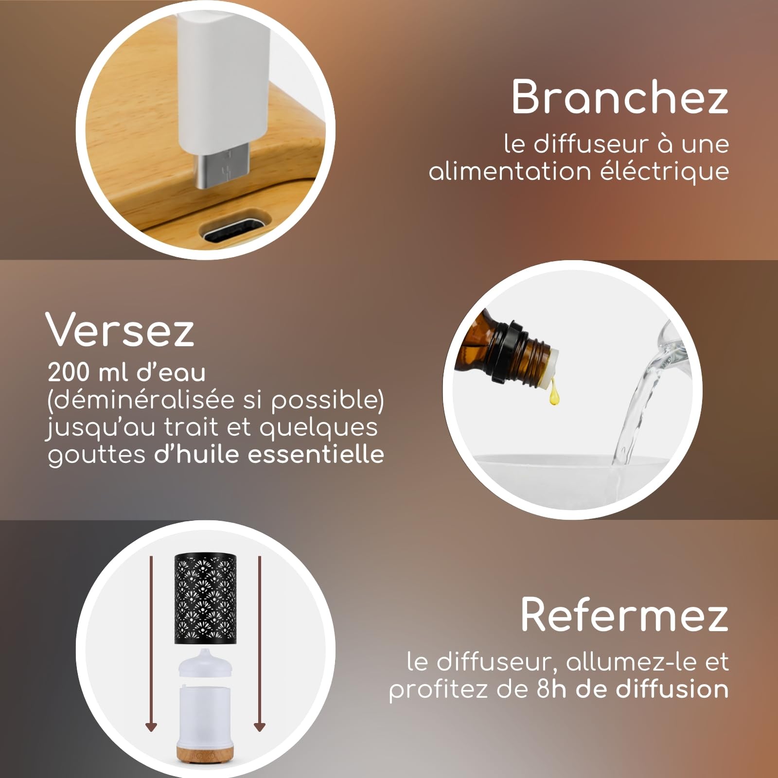 Zen’Arôme Diffuseur Ultrasonique Aromathérapie Sofia - Diffusion Huile Essentielle à Froid - Diffuseur Électrique avec Télécommande - Éclairage Led Personnalisable – Coque en Métal avec Décor Original