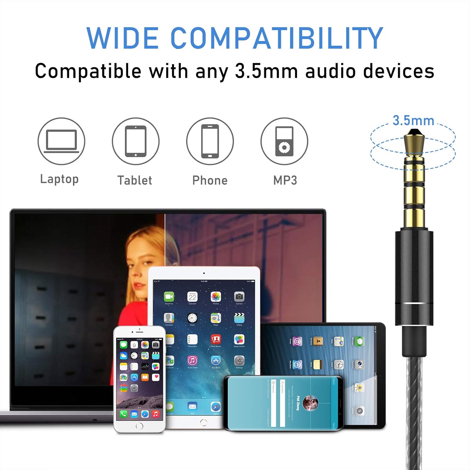 Blukar K9203 In-Ear Headphones 3.5mm jack compatibility with various devices like laptop, tablet, phone, MP3 player