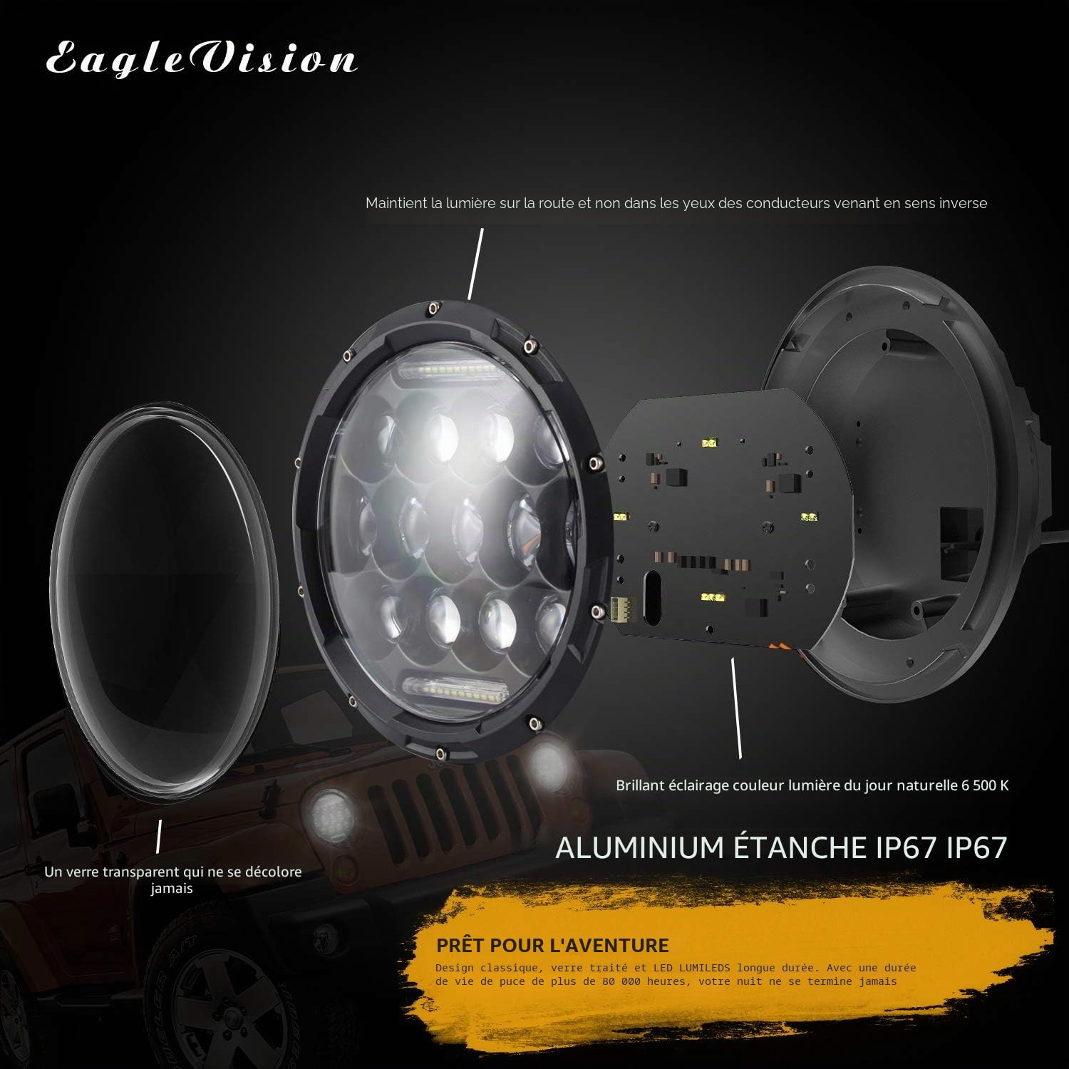 Ricoy Lot de 2 phares LED pour projecteur DRL 7" pouce 150 W avec feux de route pour moto Wrangler JK TJ LJ CJ 1997-2017