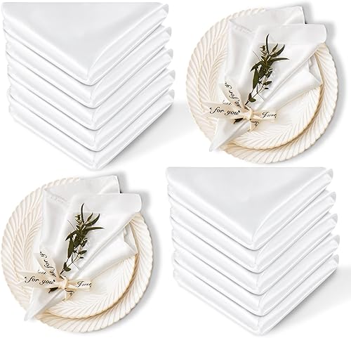 Paquete de 12 servilletas de satén para mesa de boda, color blanco, lavables, juego de servilletas de lujo para mesa de comedor, para cumpleaños,
