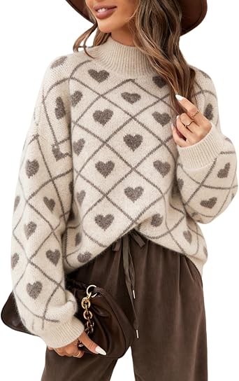 Women Cute Valentine Oversized Sweaters Turtleneck Long Sleeve Chunky Ribbed Knit Tunic Sweaters Jumper 2026 Spring