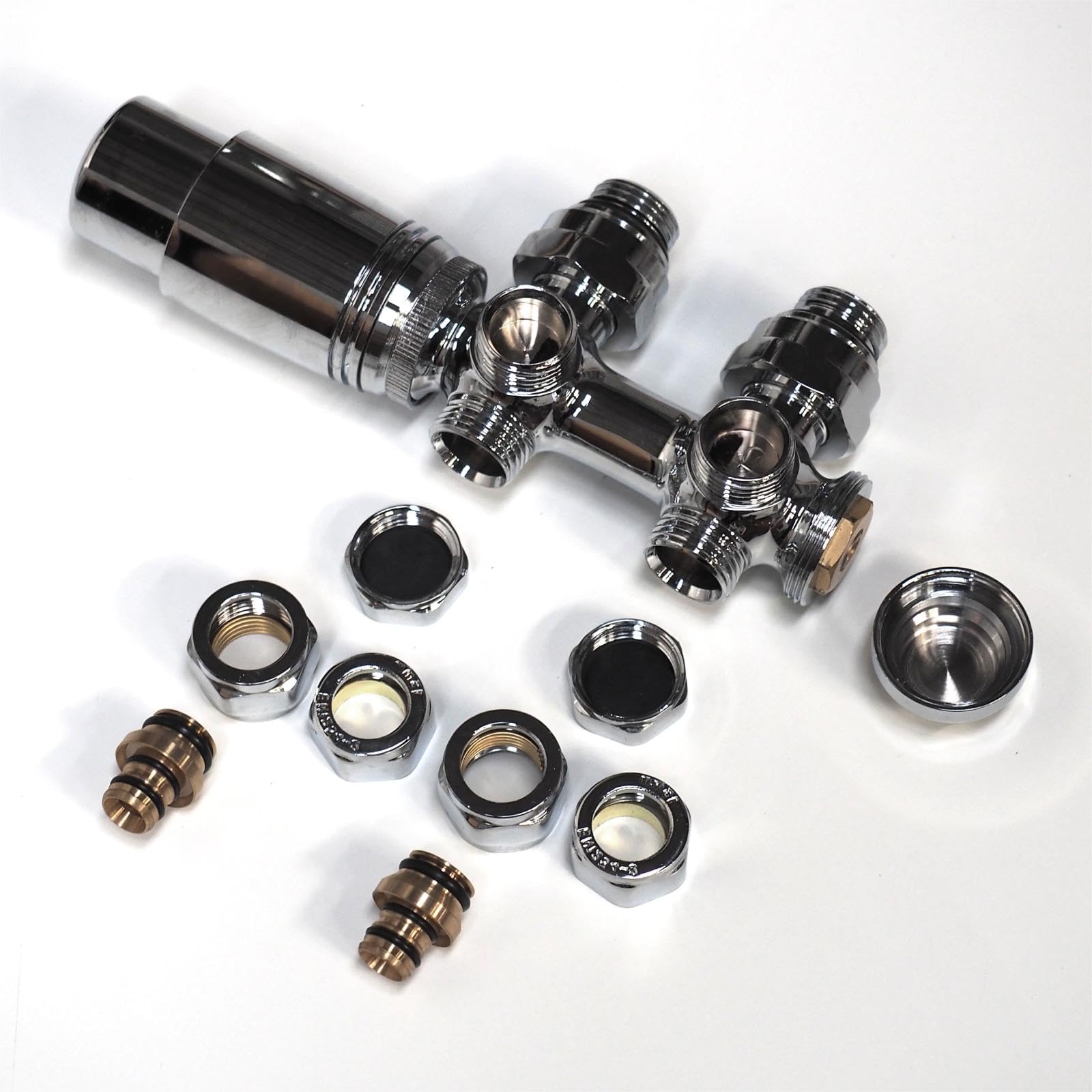 WITEN&NOCK Set multiblocco per radiatore, collegamento centrale, raccordo a distanza mozzo, 50 mm, blocco termico, valvola termostatica per radiatori, accessori per il riscaldamento (cromato)