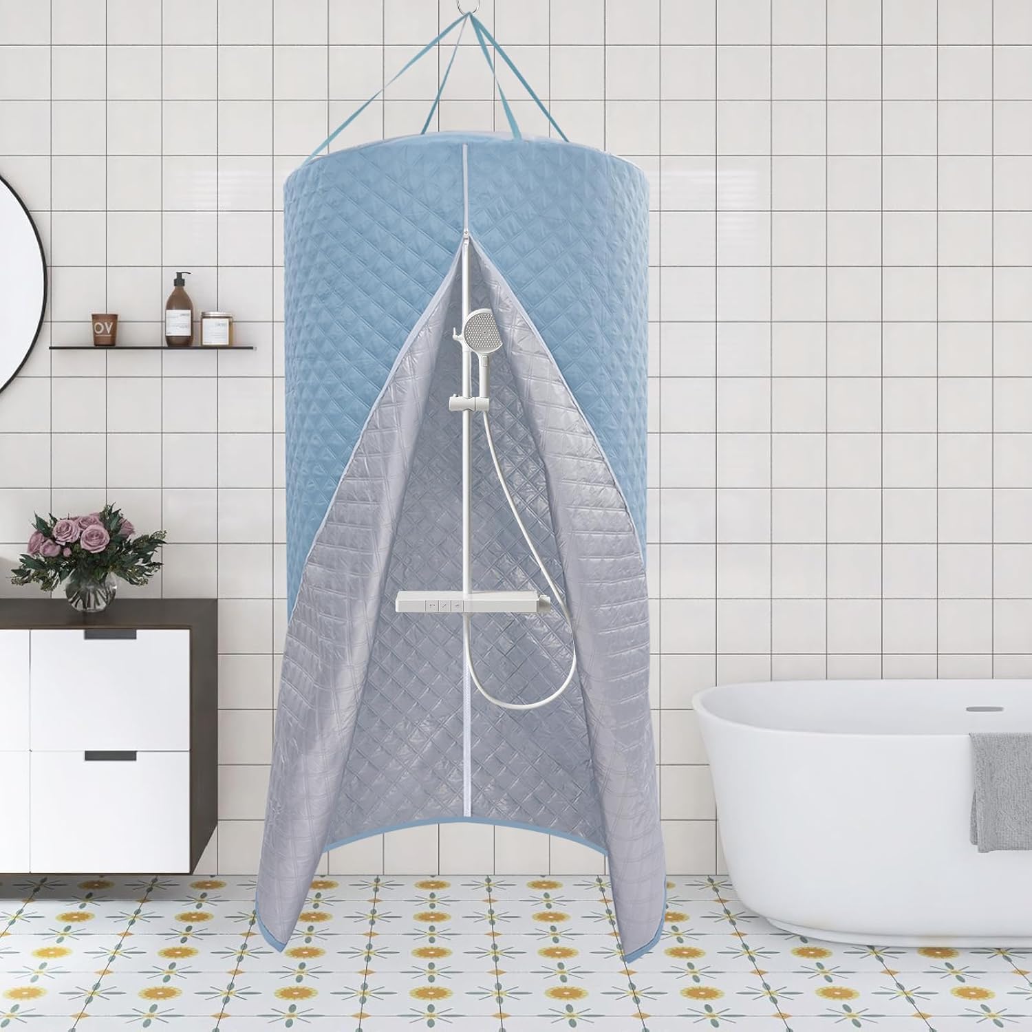 Shower Curtain, Round Hanging Heat Insulation Bath Curtain for Shower, Waterproof Folding Outdoor Camping Bathroom Toilet Tent with Zipper, for Shower, Toilet, Clothing, Beach
