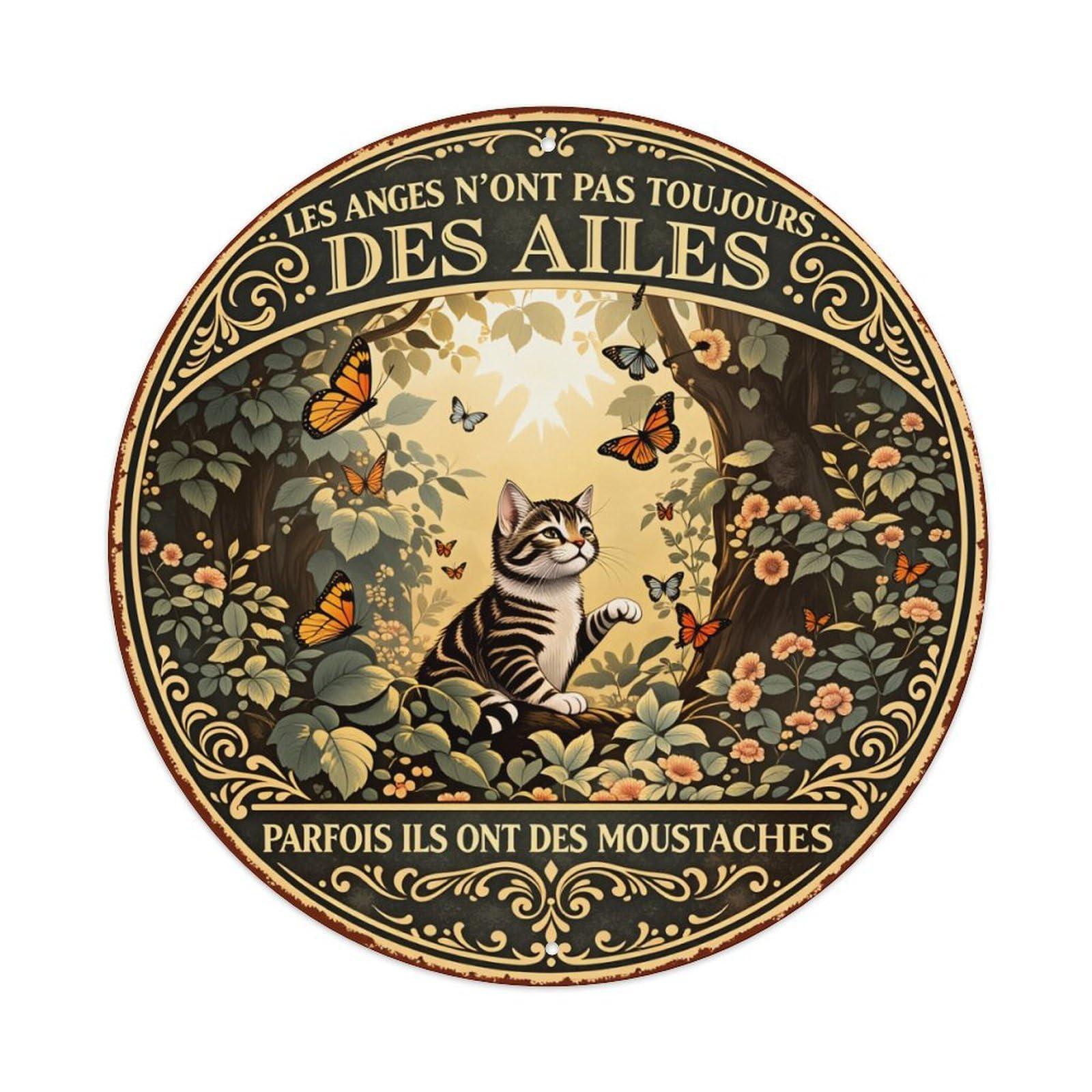 Cat Butterflies Flowers Sunlight Forest Round Tin Sign Vintage Style Metal Sign Home Bar Garden Wall Plaque Decor Metal Poster 8x8 Inch