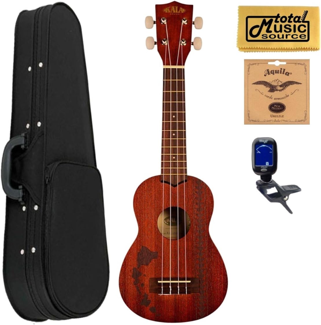 Kala KA15SH2 Mahogany Soprano Ukulele Bundle w/ Soft Case,Strings,Tuner,Cloth