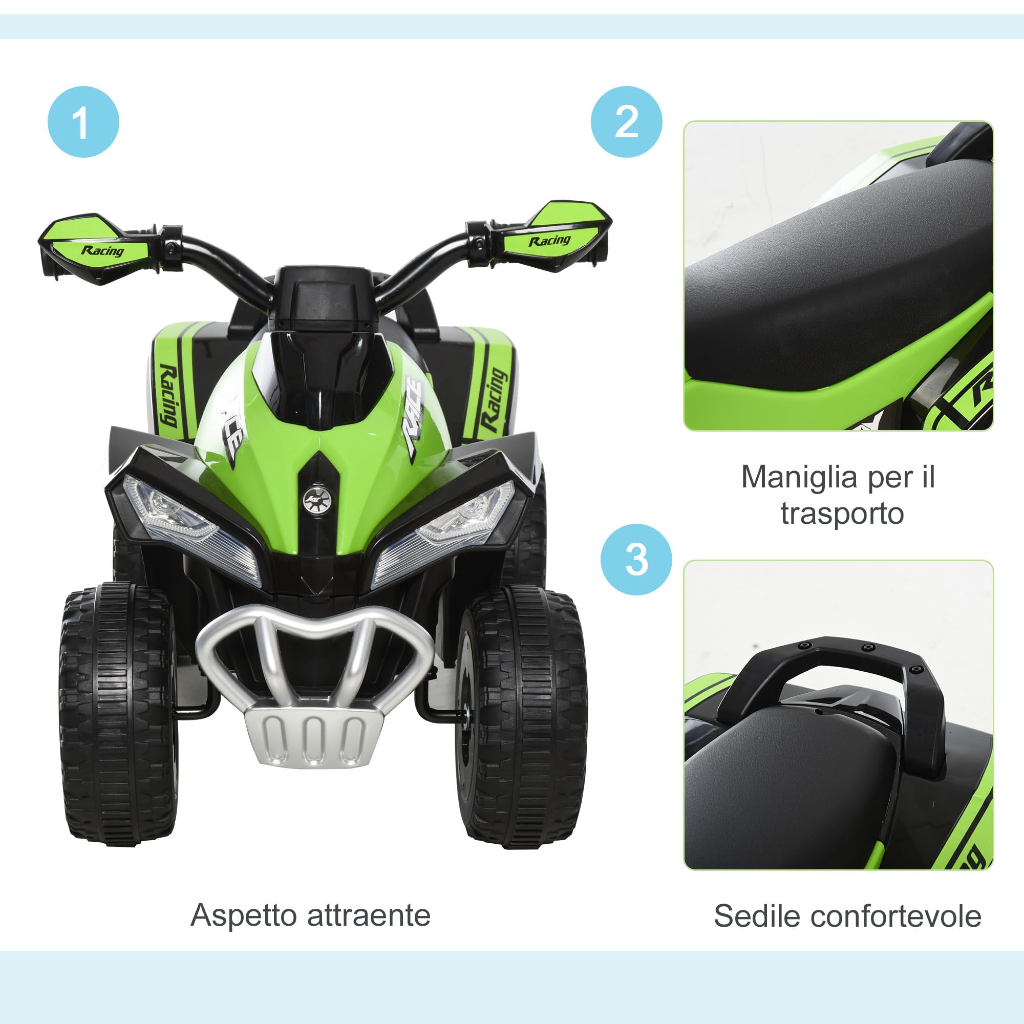 HOMCOM Macchina Cavalcabile per Bambini 18-36 Mesi in PP e Metallo, Mini Quad per Bambini a Spinta Manuale con Musiche Integrate, Fari Funzionanti e Manubrio Ampio, 67.5x38x44cm, Verde