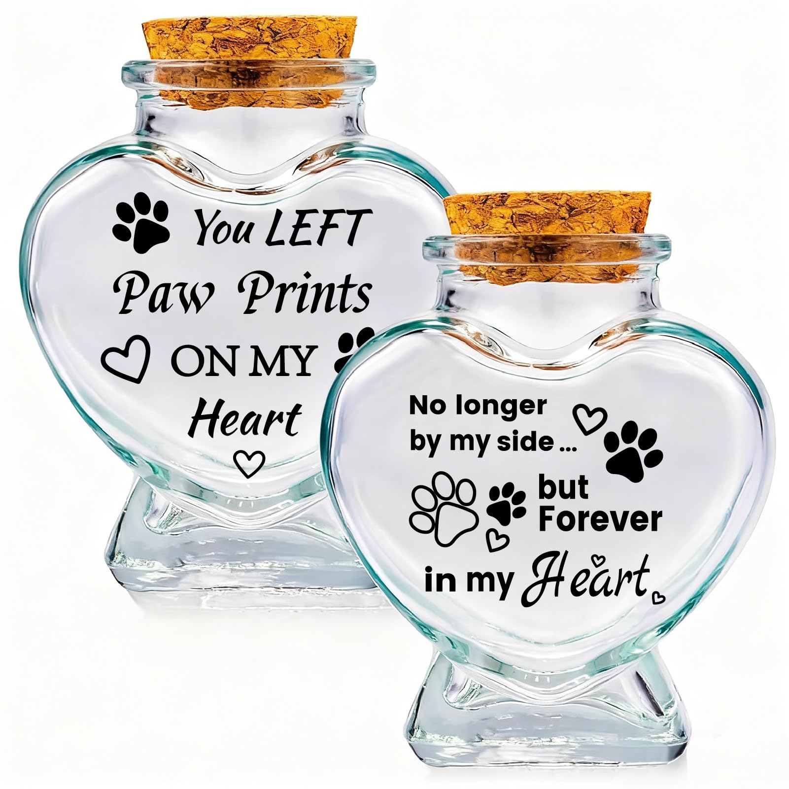 PRESSINART 2PCS 2 Styles Dog Memorial Bottle Pet Hair Keepsake Jar Bulk Paw Print Words Pattern Glass Heart Shaped Container Memorial Urns with Cork Stopper for Collecting Storing Dog Cat Fur Ashes