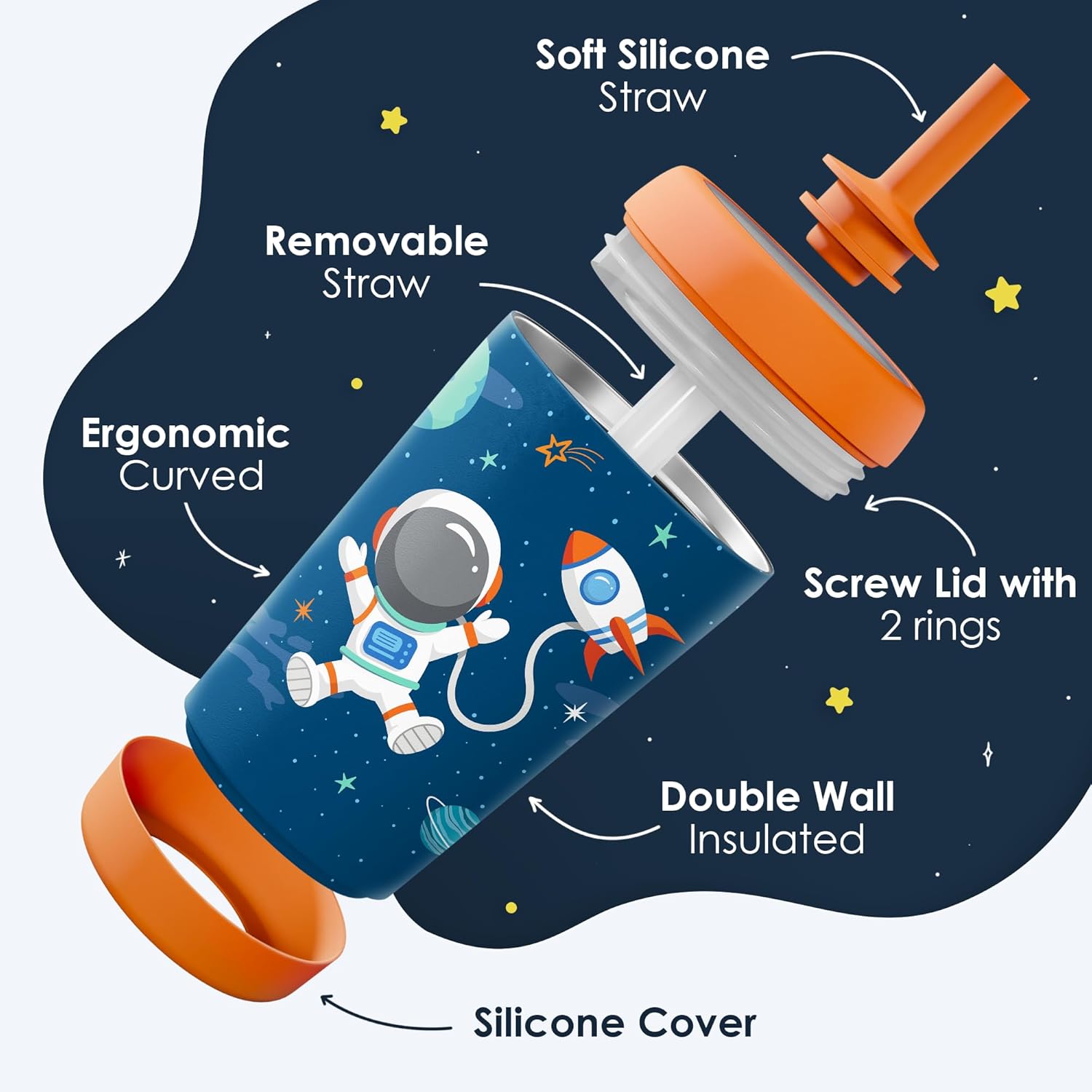 Kid Insulated Stainless Steel Tumbler with Silicone Straw, 12oz Sippy Cup for Kids (Astronaut) - Image 3