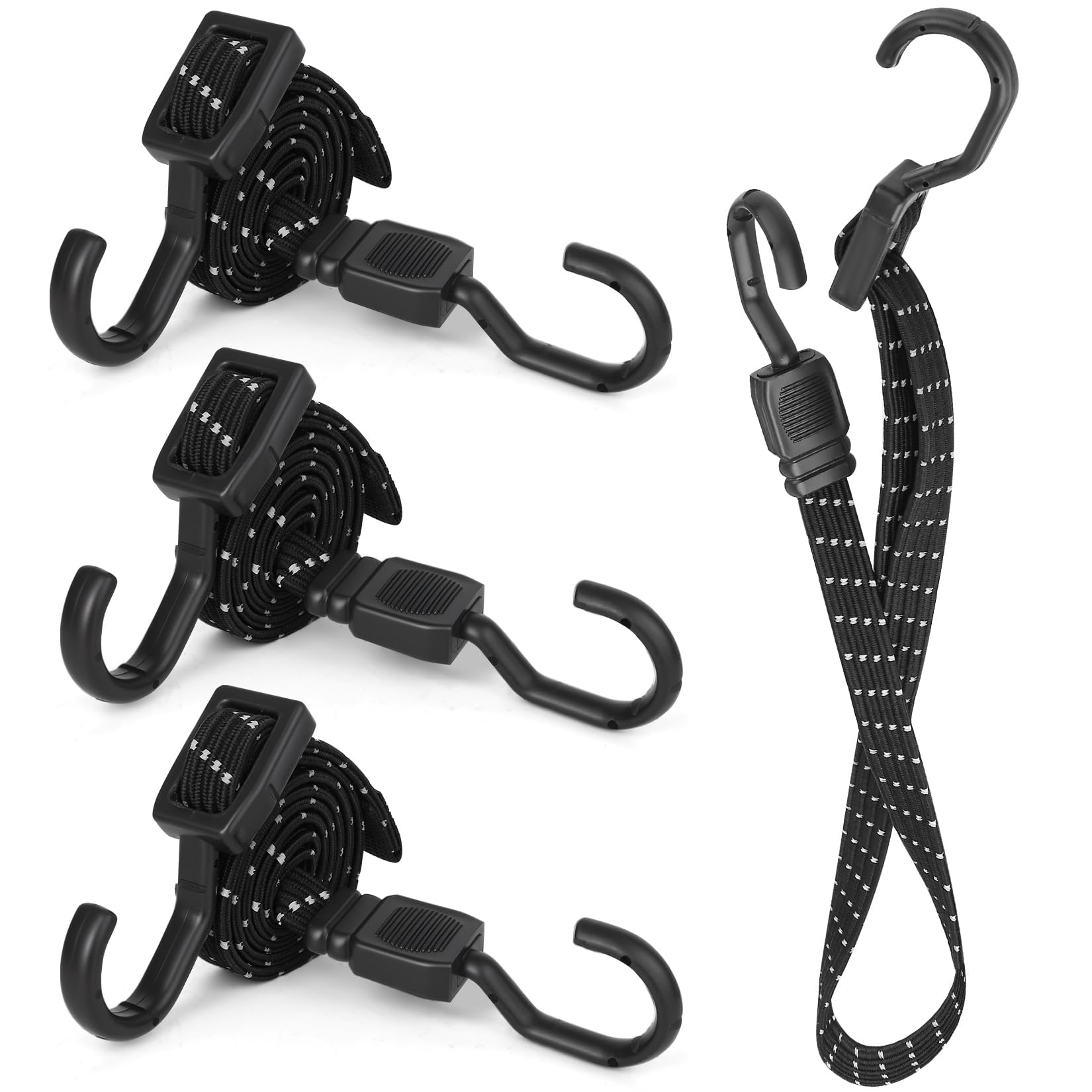 4 Pcs Bike Luggage Straps with Hooks, Elastic Bike Bungee Straps, 39.37 InchBungee Cords with Hooks, Reflective Bungee Cords and FixingsBungee Rope for Caravan Trucks RVs Roof Rack Strapss