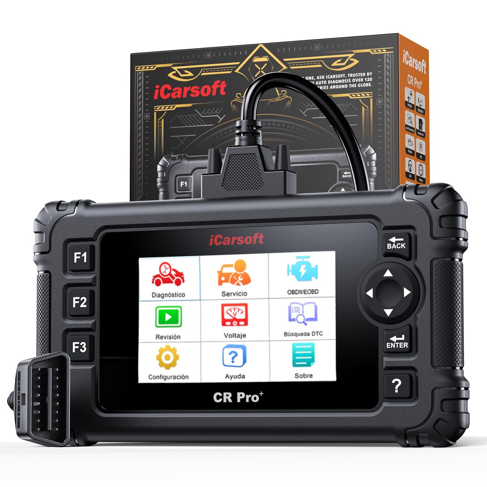 iCarsoft CR Pro+ OBD2 Máquina Diagnosis Coche Multimarca Español, Escáner de Todo el Sistema, 49 Funciones Reinicio, Bidireccional Detector Fallos Coche, Prueba de Batería, Vin Automático