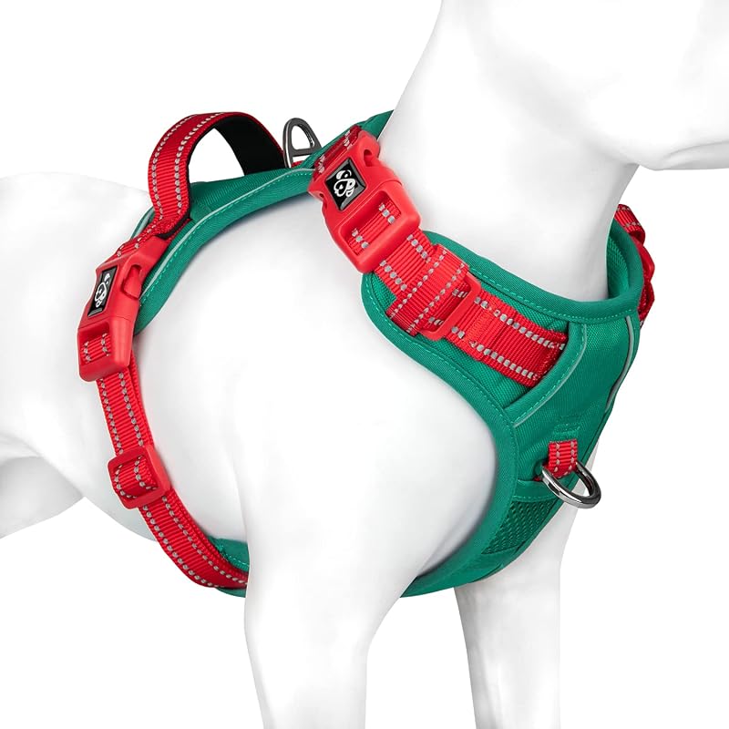 Peitoral vest ajustável refletivo No Pull para cães PHOEPET, Extra Large, base verde-escura e tiras vermelhas