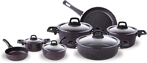 KARACA Biogranite - Juego de 12 utensilios de cocina antiadherentes, olla con tapa, sartén, superficie a prueba de manchas, asas elegantes fáciles
