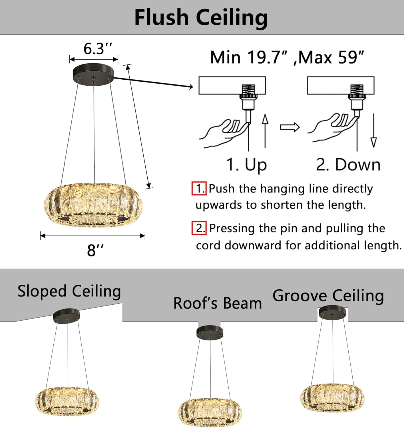 HAIXIANG LED Ring Chandelier Modern Pendant Lights for Kitchen Island Dining Room Remote Dimmable Hanging Light Entryway Bedroom Crystal Lighting Black Chandeliers