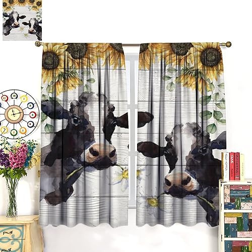 Miniatura 3 de Cortinas de ventana de vaca, divertidas cortinas de granja, vacas, animales, vacas, flores, girasol, oscurecimiento de habitación, ventana, ventana,