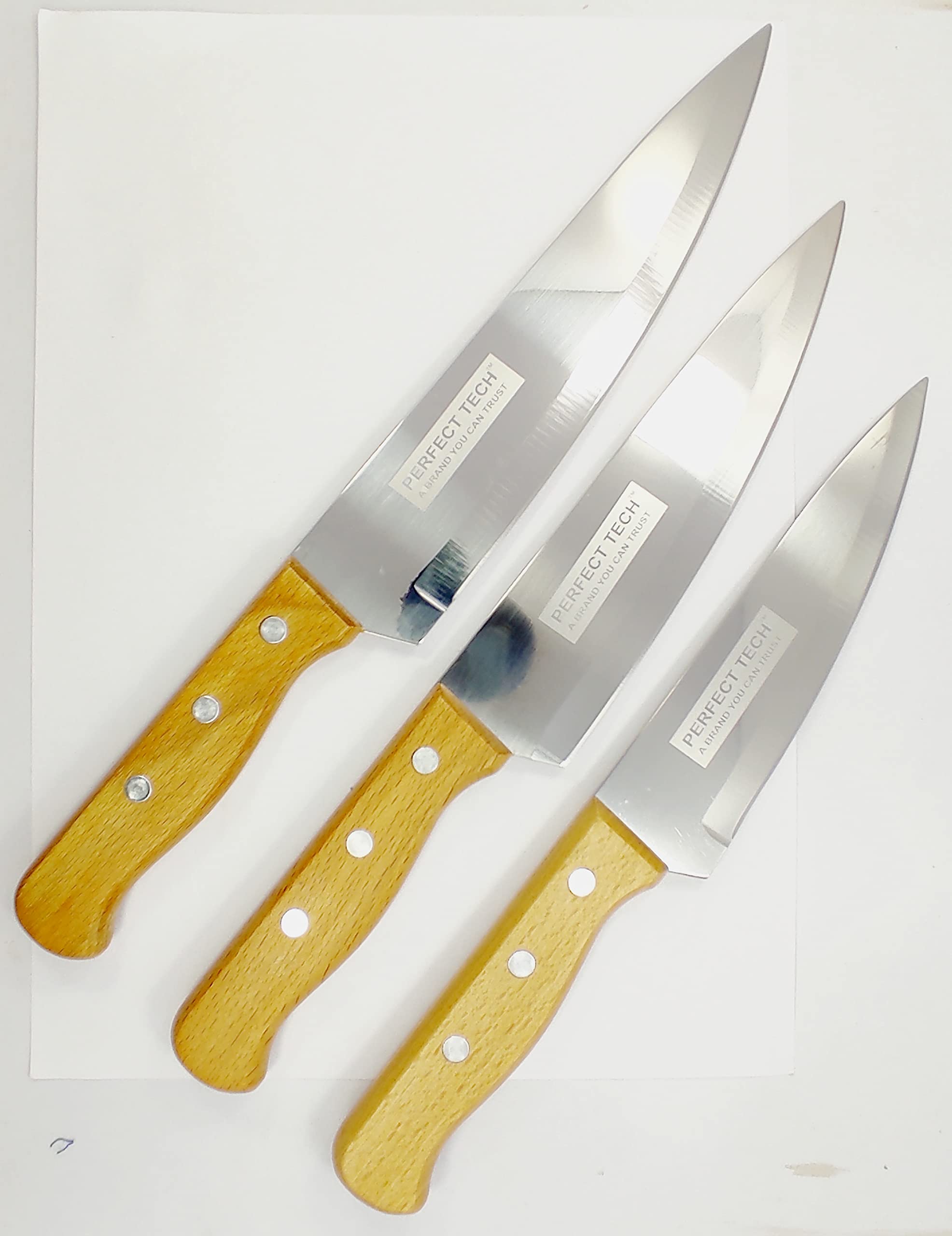 PERFECT TECH 3 Pcs Kitchen Knife Set | Wooden Handle and Mirror Finishing SS Blade | Carbon Stainless Steel | Sharp Blade Cutting and Chopping Vegetable | Rust Proof Durable Stylish (Silver 6 inch)